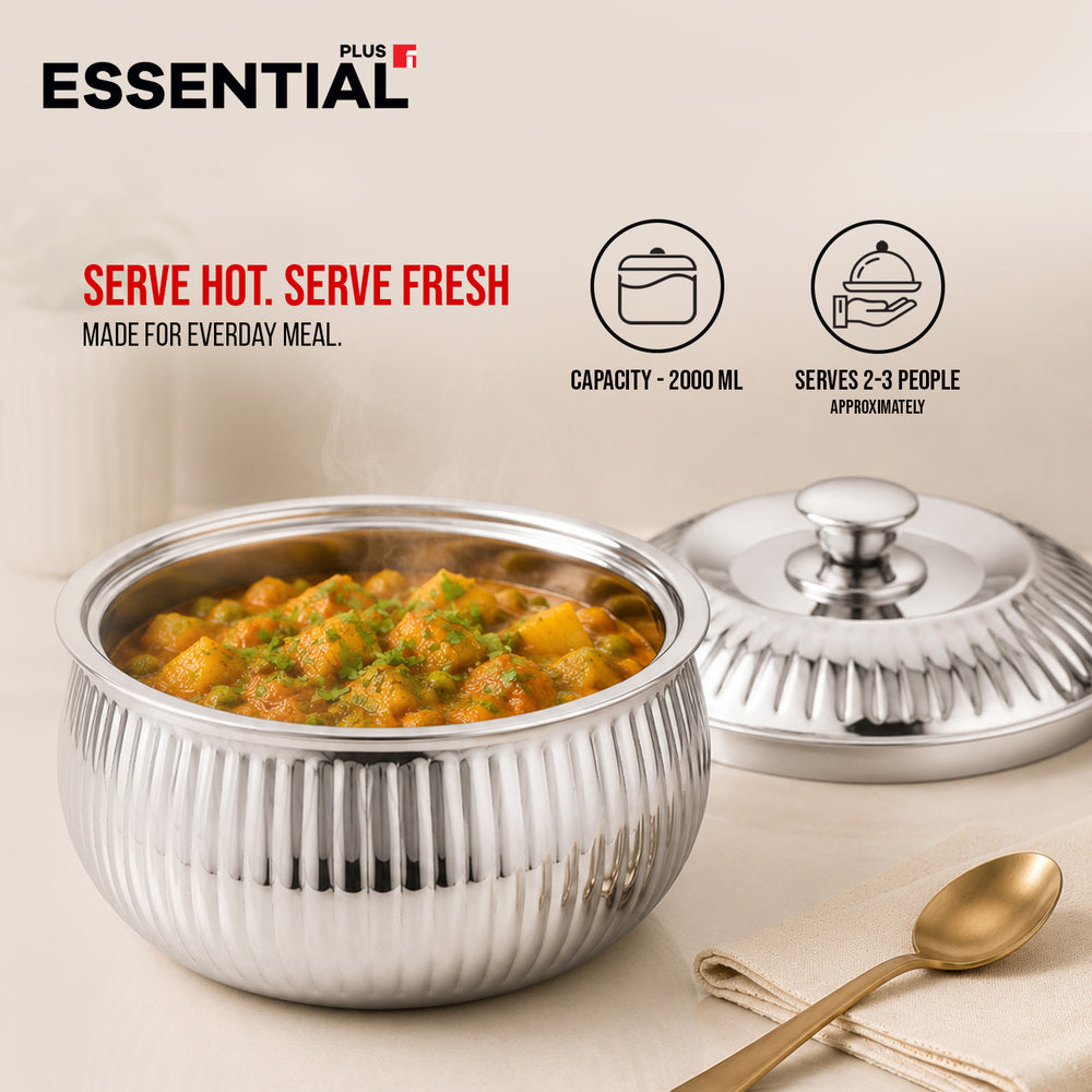 Essential Plus 2000ml stainless steel stripe hot pot filled with vegetable curry, with the lid placed beside it, highlighting its 2000ml capacity and serving size of 2-3 people.