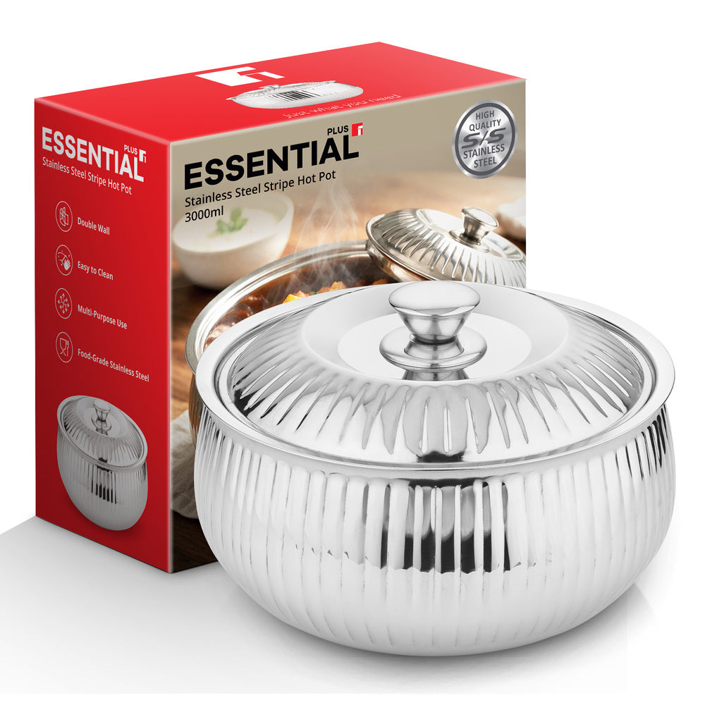 A stainless steel stripe hot pot with its matching lid in the foreground, next to its red and white ESSENTIAL brand packaging box on a white background.