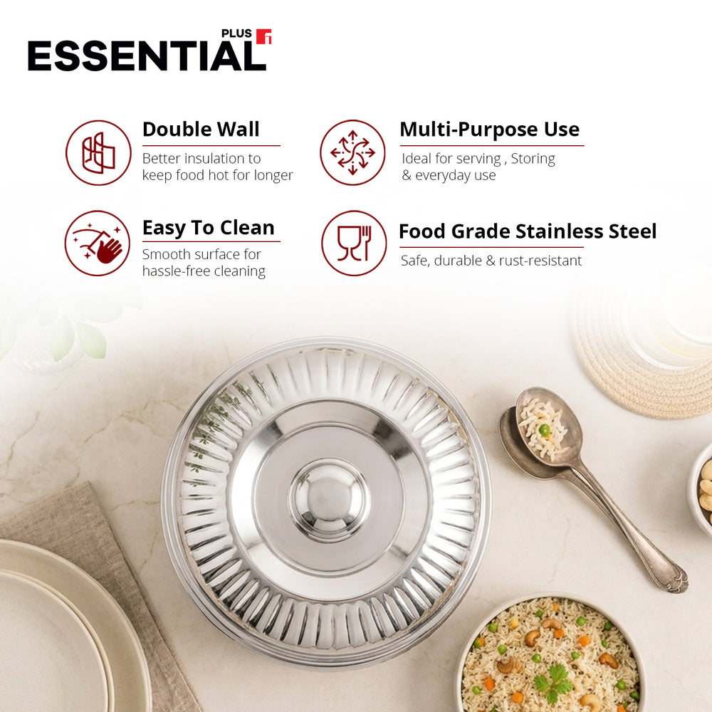 A stainless steel double-walled food container lid with a slotted rim, shown on a light marble surface with surrounding dining props. The top of the image includes marketing text and icons describing features: double wall insulation, multi-purpose use, easy to clean, and food grade stainless steel.