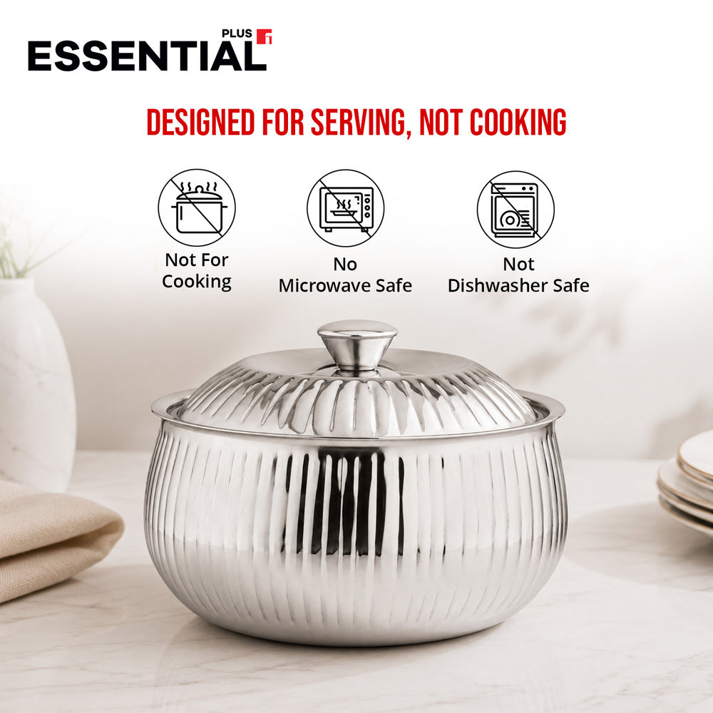 Essential Plus stainless steel stripe hot pot with a ribbed body and matching lid, highlighting that it is designed for serving and is not suitable for cooking, microwave use, or dishwasher use.