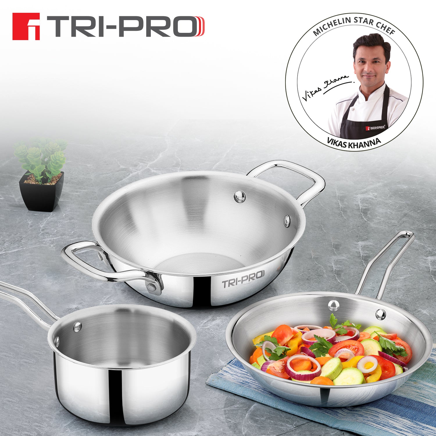 TriPro Tri-Ply Stainless Steel 3 Pcs Cookware Set - Induction Bottom