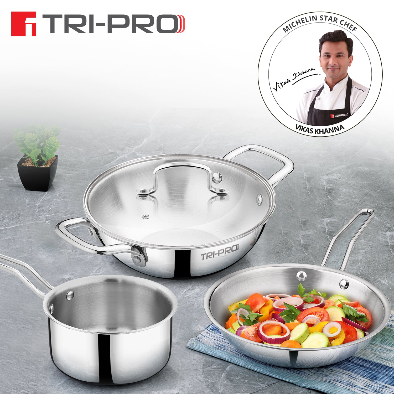 TriPro Tri-Ply Stainless Steel 4 Pcs Cookware Set