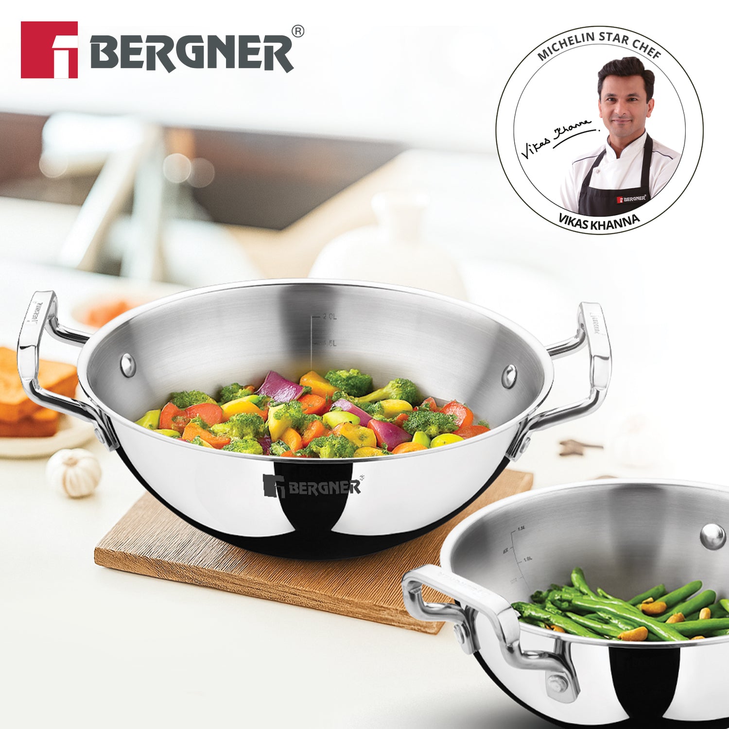 TriPro Tri-Ply Stainless Steel 2 Pcs Kadai Set - Induction Compatible