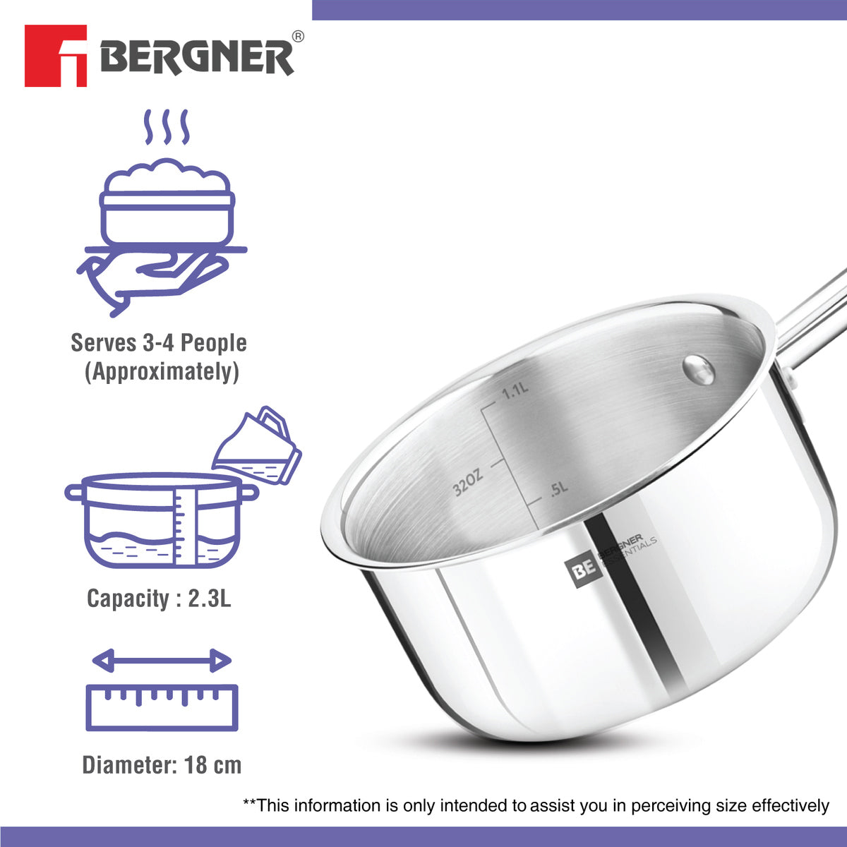 Bergner BE Essentials Tri-Ply Stainless Steel Teapan / Milk Pan with Stay Cool Handle, 2.5mm Body Thickness - Full Induction Bottom (5-Year Warranty)