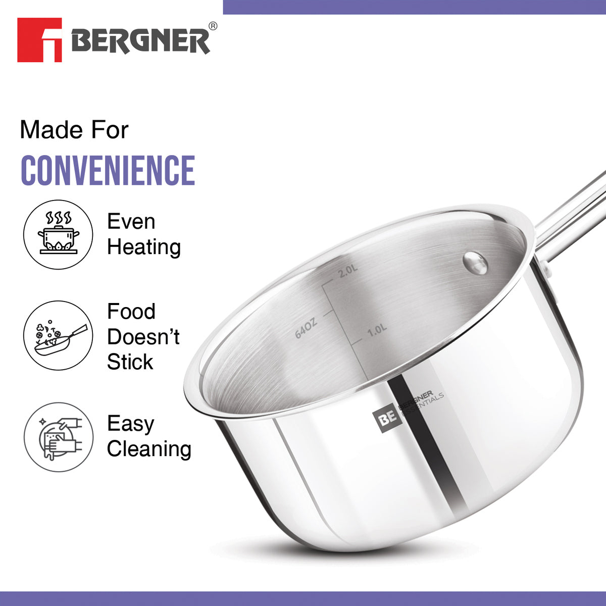Bergner BE Essentials Tri-Ply Stainless Steel Teapan / Milk Pan with Stay Cool Handle, 2.5mm Body Thickness - Full Induction Bottom (5-Year Warranty)
