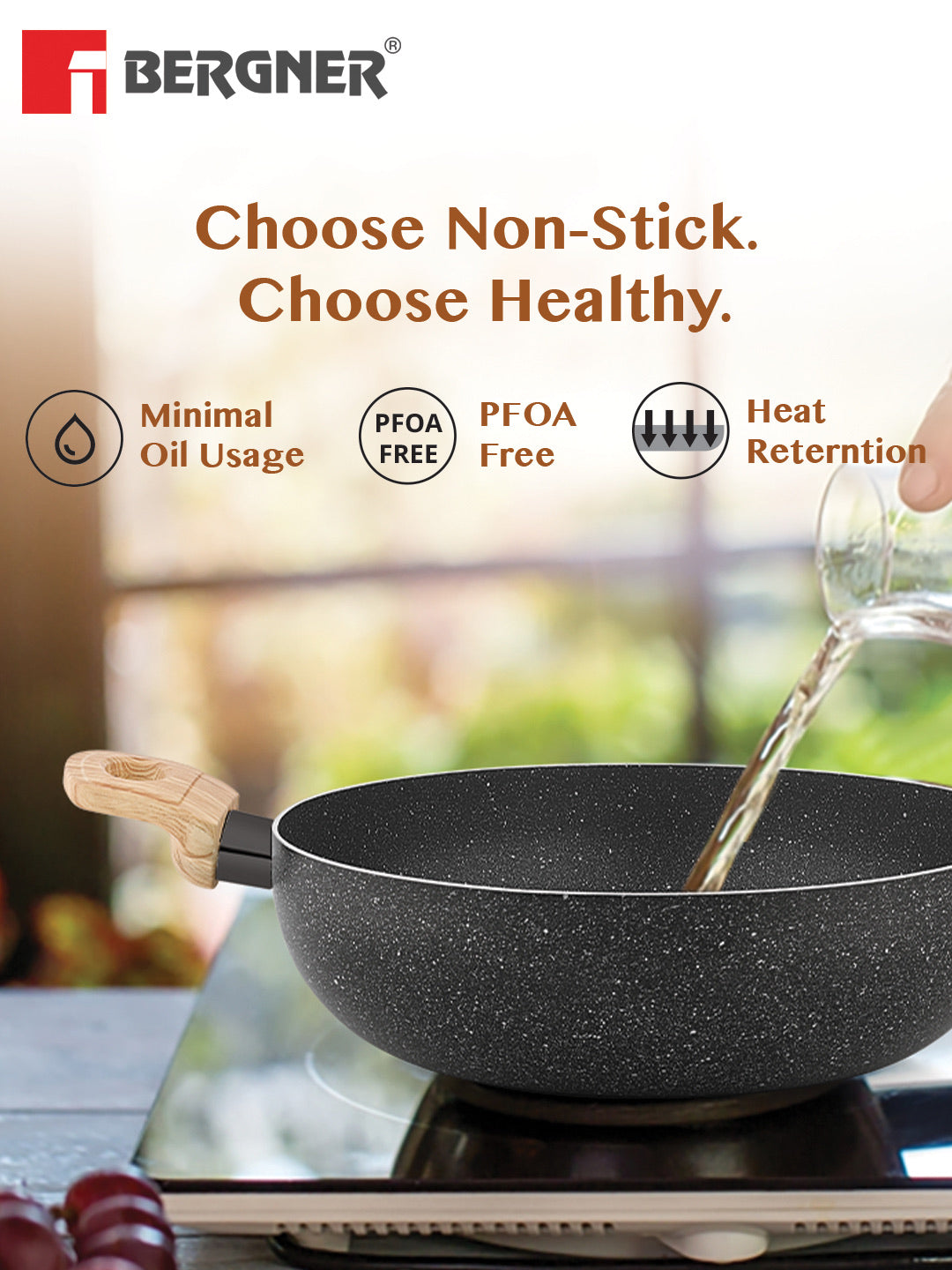 Earth Black Non-Stick 20cm (2.3L) Kadai - Induction Bottom