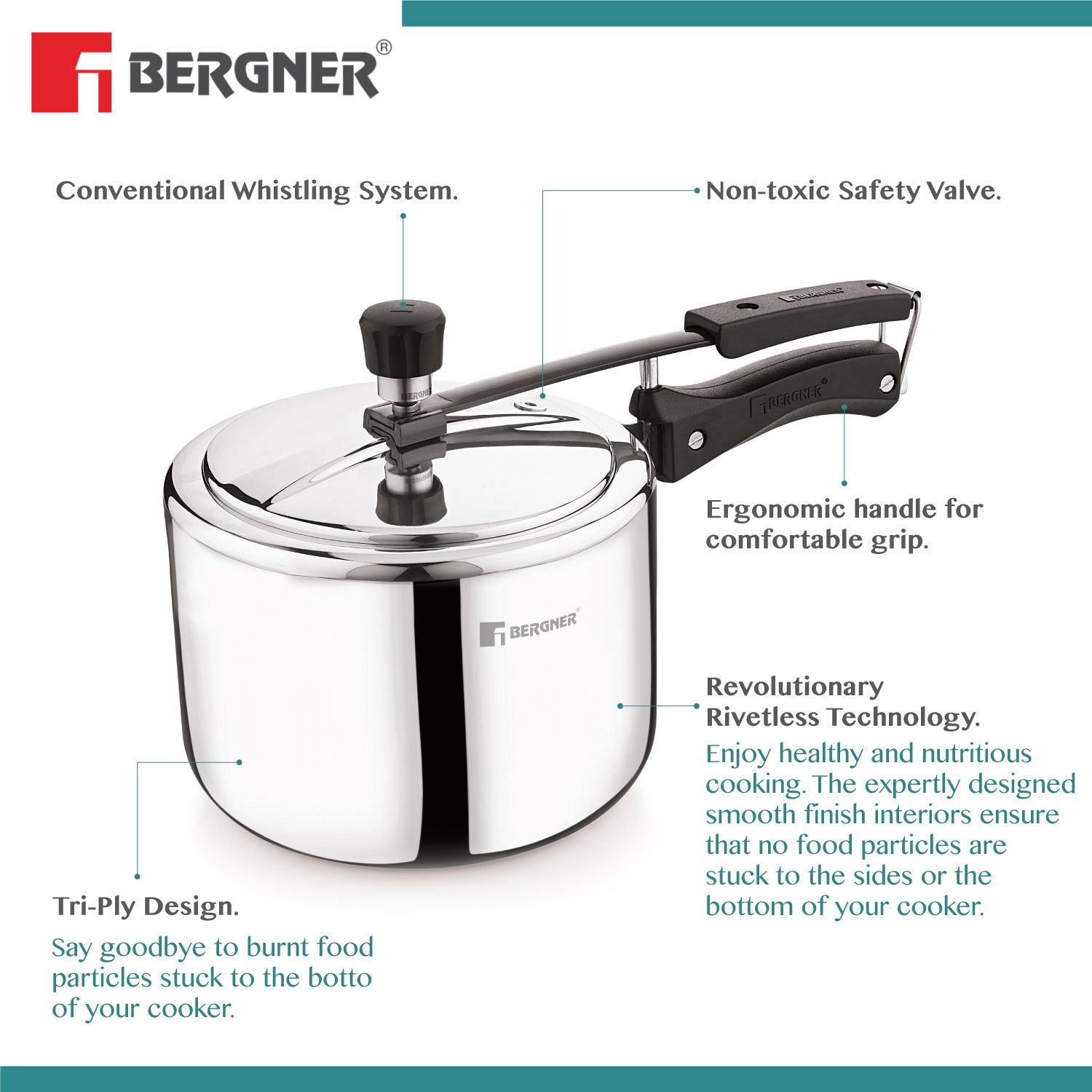 Bergner Argent Tri-Ply 18/10 Stainless Steel Inner Lid Pressure Cooker with Rivetless Technology, 2.5 mm Body Thickness - Induction Bottom (5-Year Warranty)