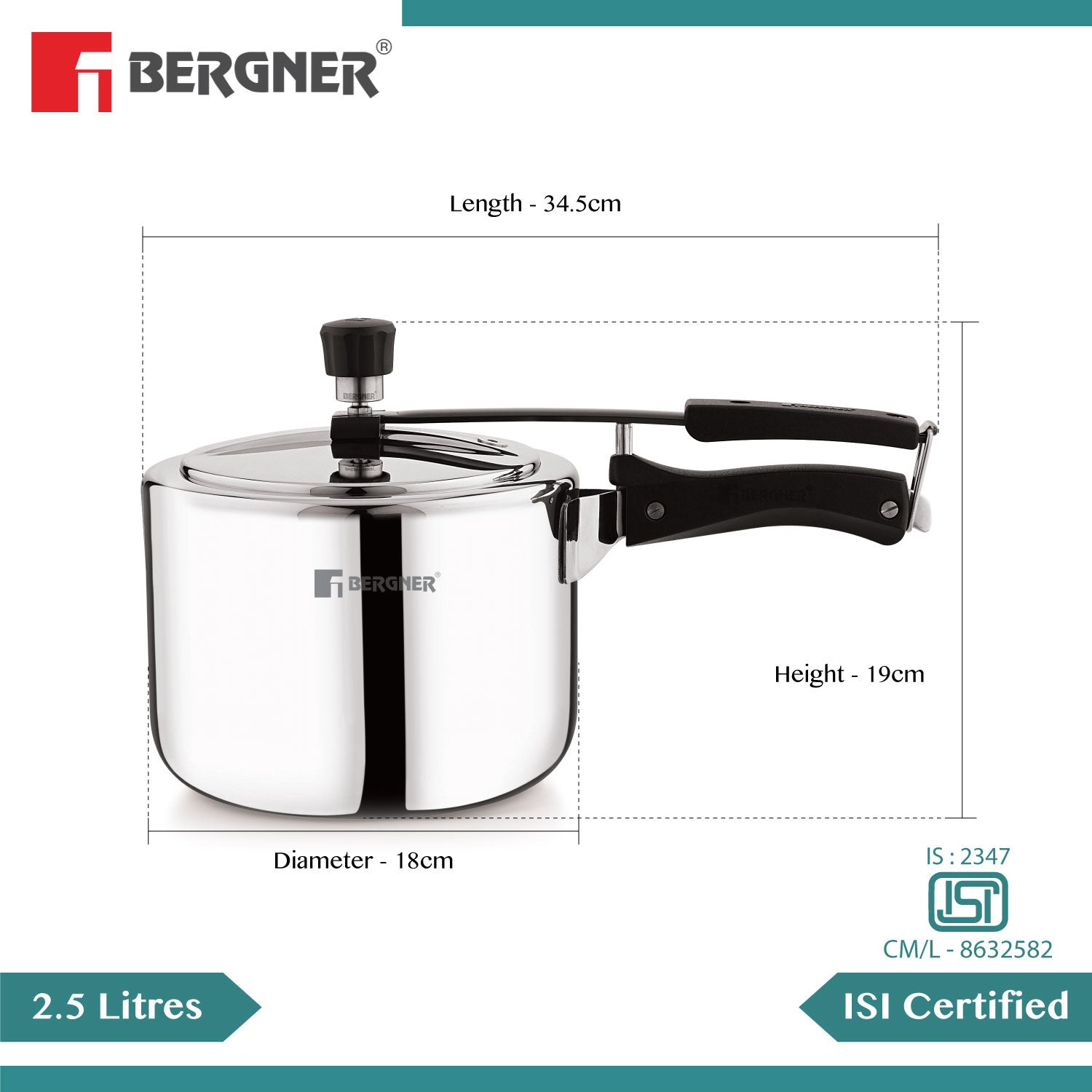 Bergner Argent Tri-Ply 18/10 Stainless Steel Inner Lid Pressure Cooker with Rivetless Technology, 2.5 mm Body Thickness - Induction Bottom (5-Year Warranty)