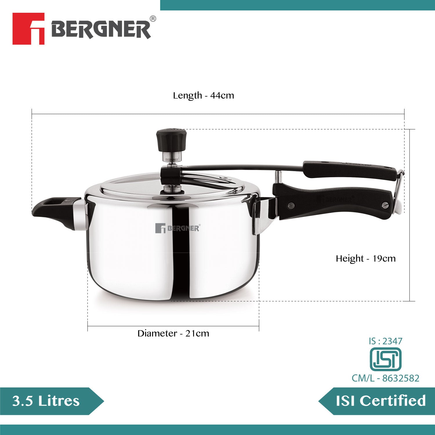 Bergner Argent Tri-Ply 18/10 Stainless Steel Inner Lid Pressure Cooker with Rivetless Technology, 2.5 mm Body Thickness - Induction Bottom (5-Year Warranty)