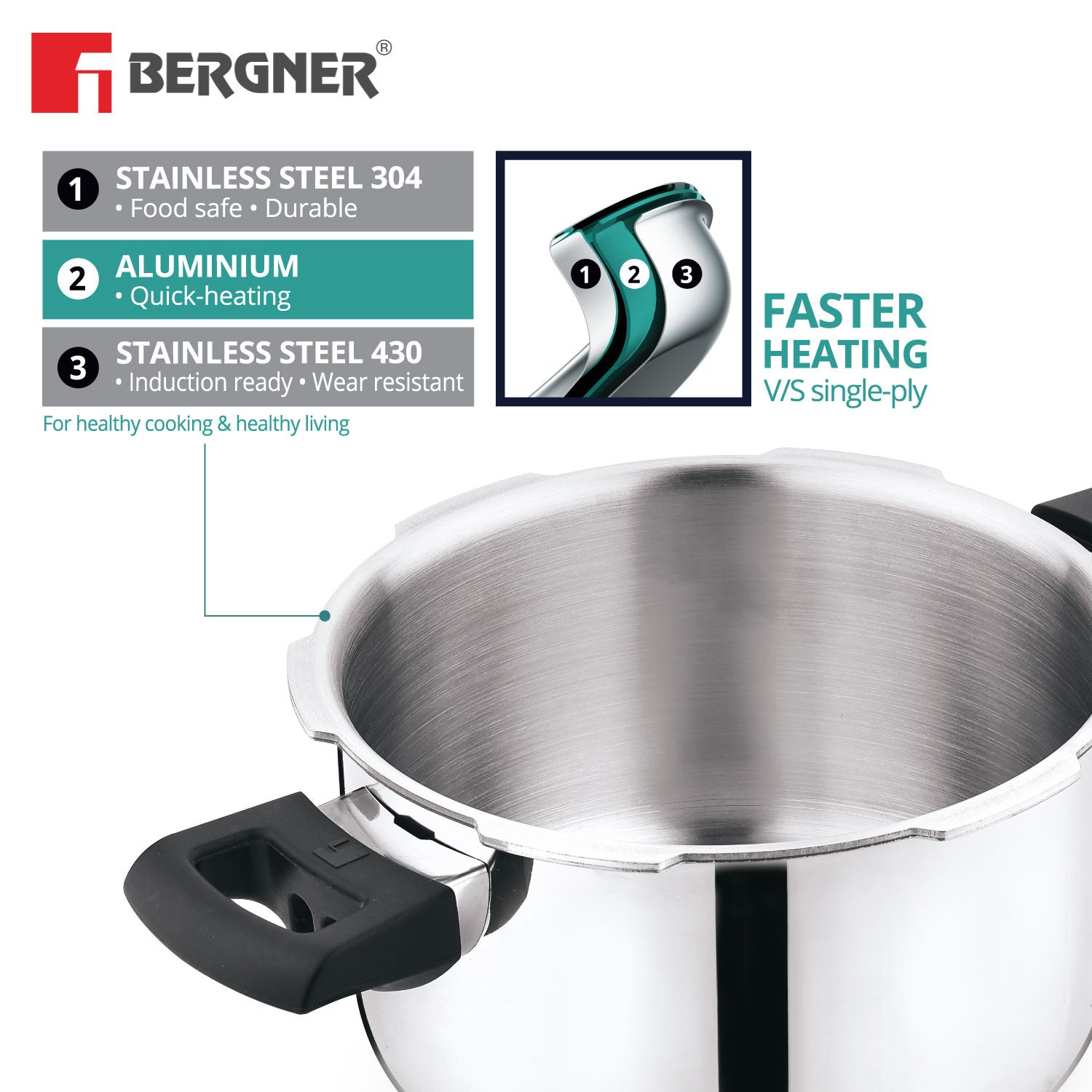 BE Essentials TriPro Tri-Ply Stainless Steel 3 L Outer Lid Pressure Cooker - Full Induction Bottom