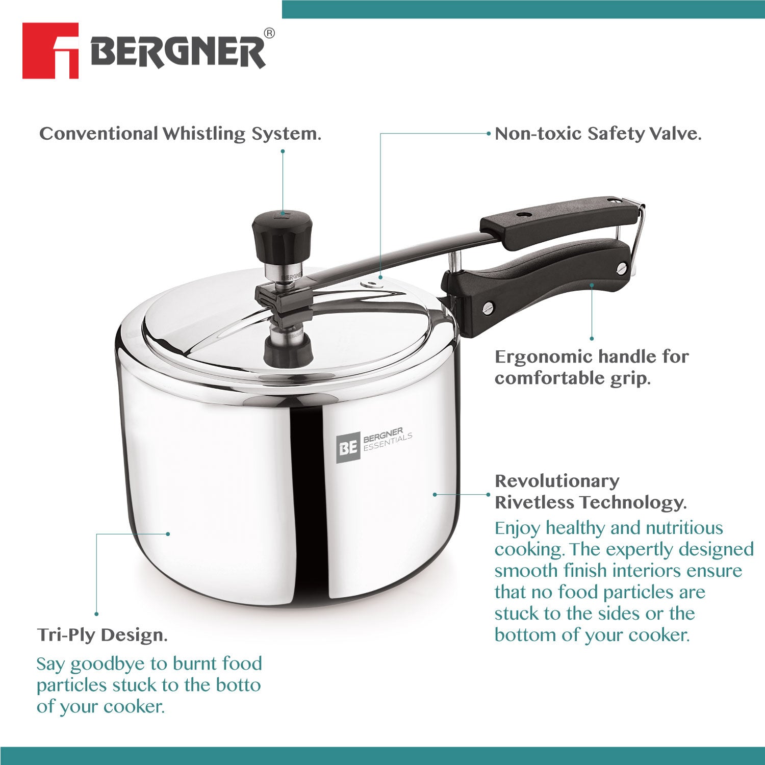 BE Essentials TriPro Tri-Ply Stainless Steel 3 L Inner Lid Pressure Cooker - Full Induction Bottom
