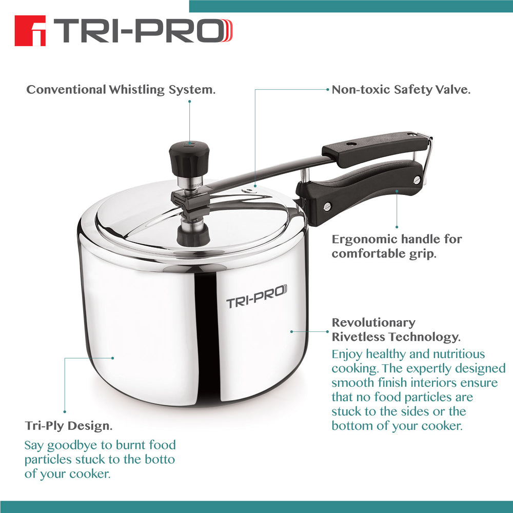Tri-Pro Tri-Ply Stainless Steel 3 L Inner Lid Pressure Cooker - Full Induction Bottom