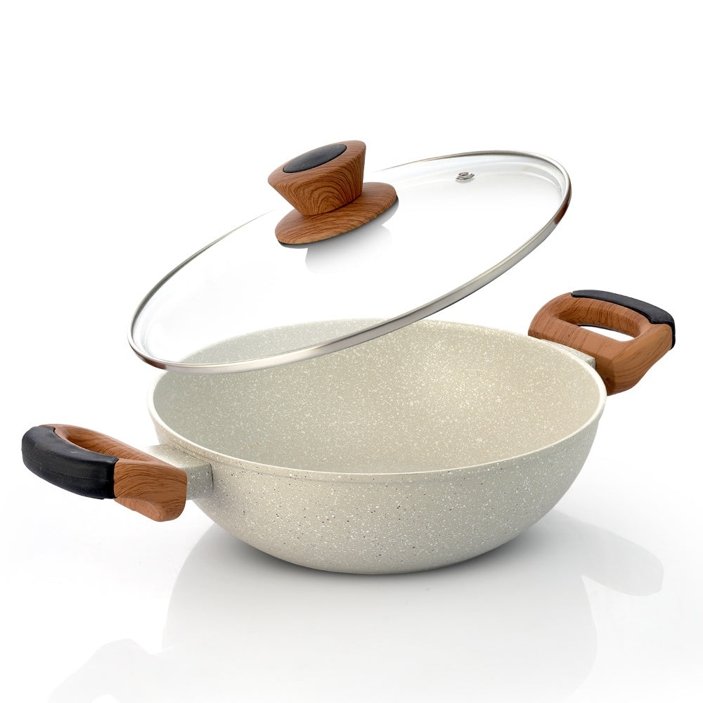Ivory Granite Non-Stick 24cm (2.5L) Kadai with Glass Lid, Forged Aluminium