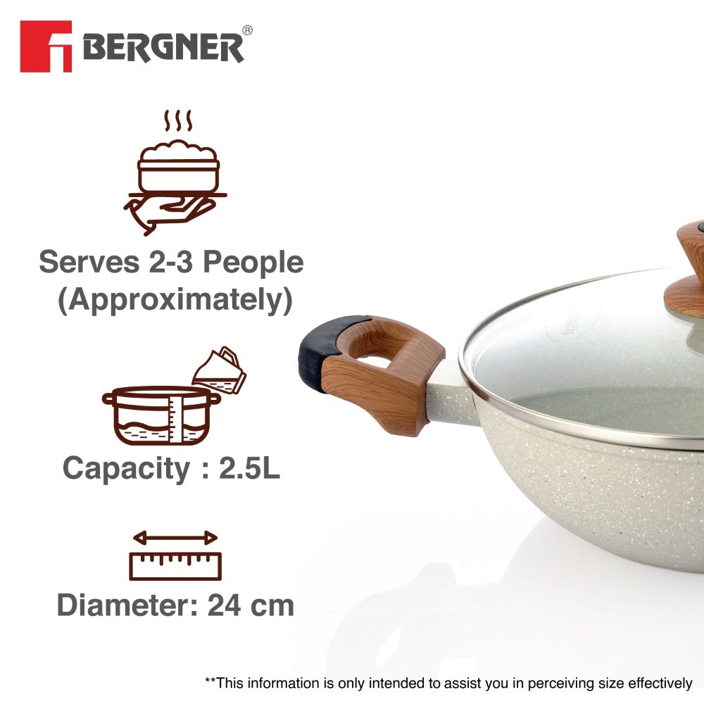 Ivory Granite Non-Stick 24cm (2.5L) Kadai with Glass Lid, Forged Aluminium