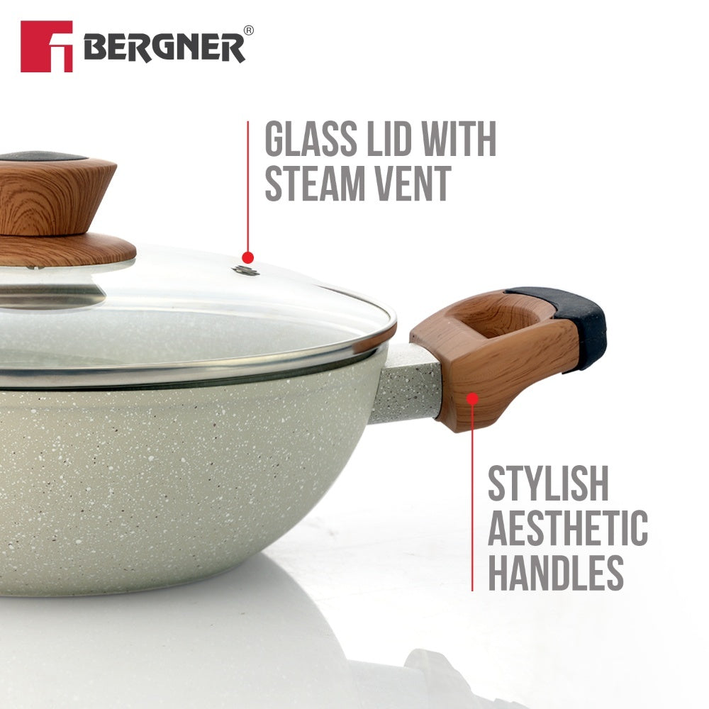 Ivory Granite Non-Stick 24cm (2.5L) Kadai with Glass Lid, Forged Aluminium