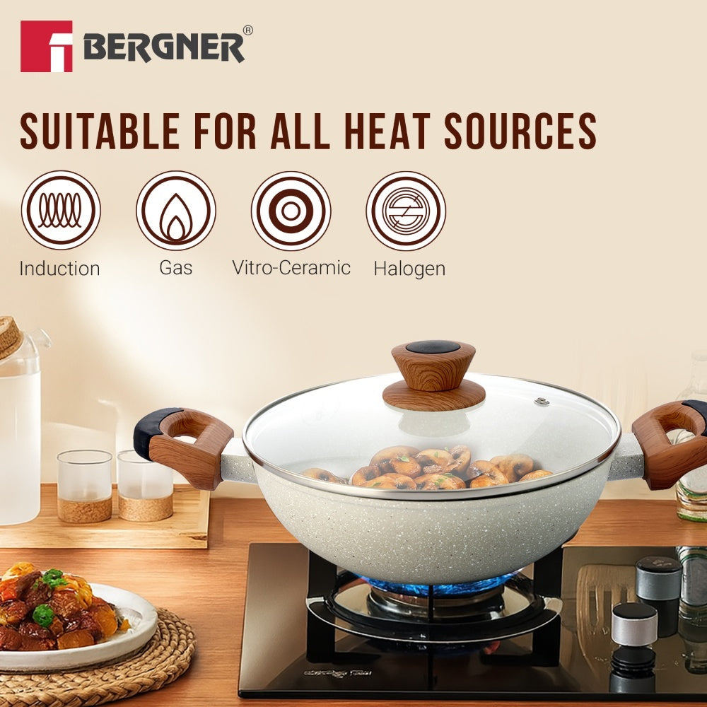 Ivory Granite Non-Stick 24cm (2.5L) Kadai with Glass Lid, Forged Aluminium