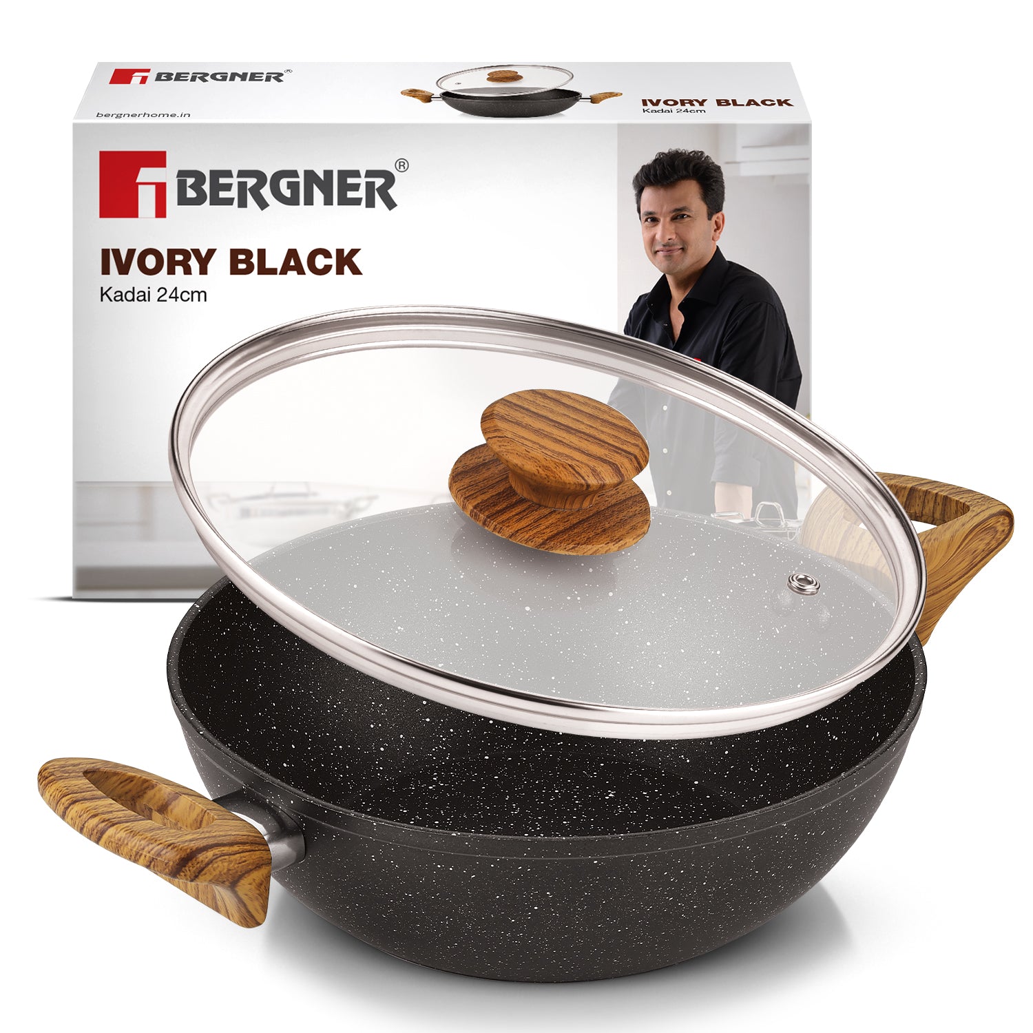 Ivory Black Granite Non-Stick 24cm (2.5L) Kadai with Glass Lid