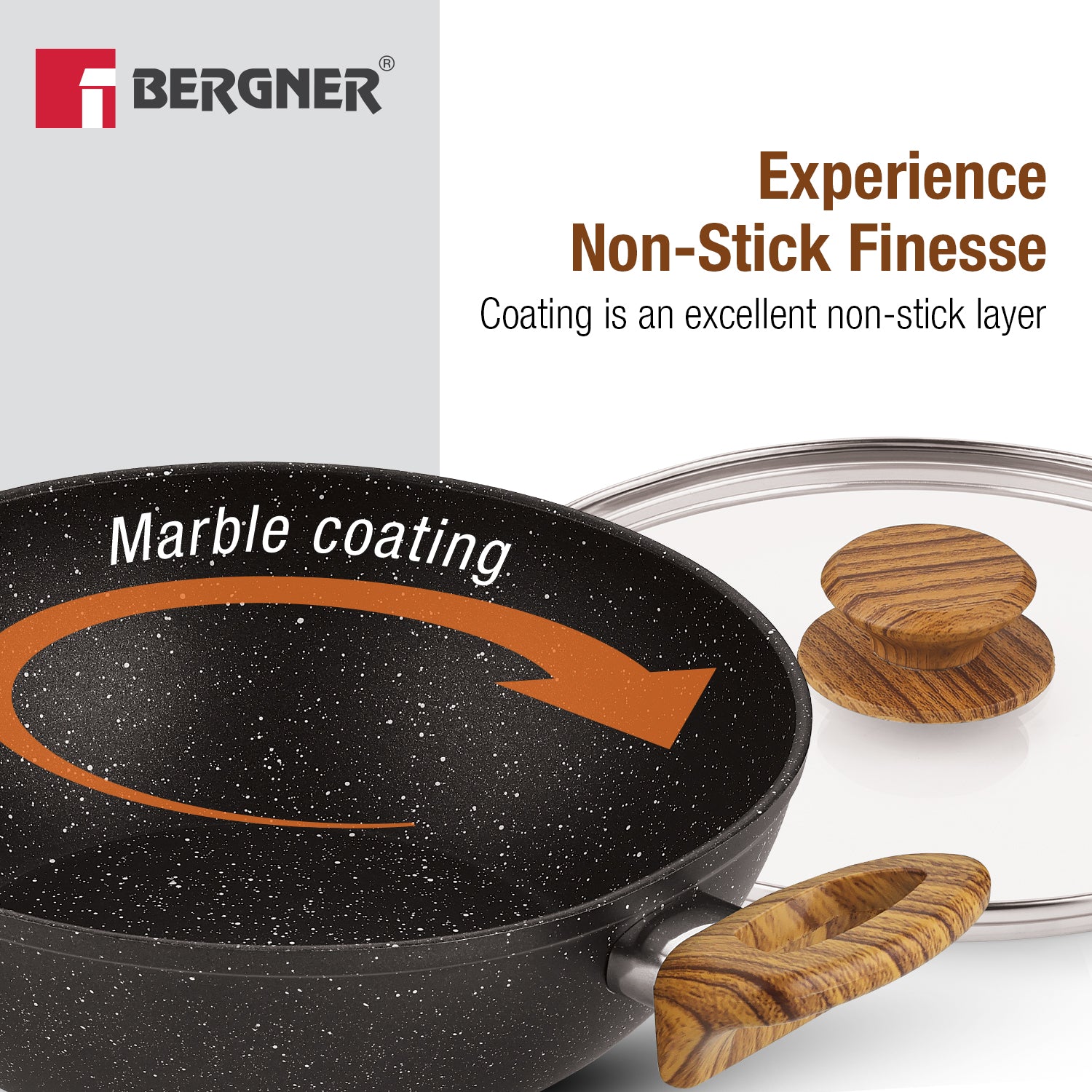 Ivory Black Granite Non-Stick 24cm (2.5L) Kadai with Glass Lid