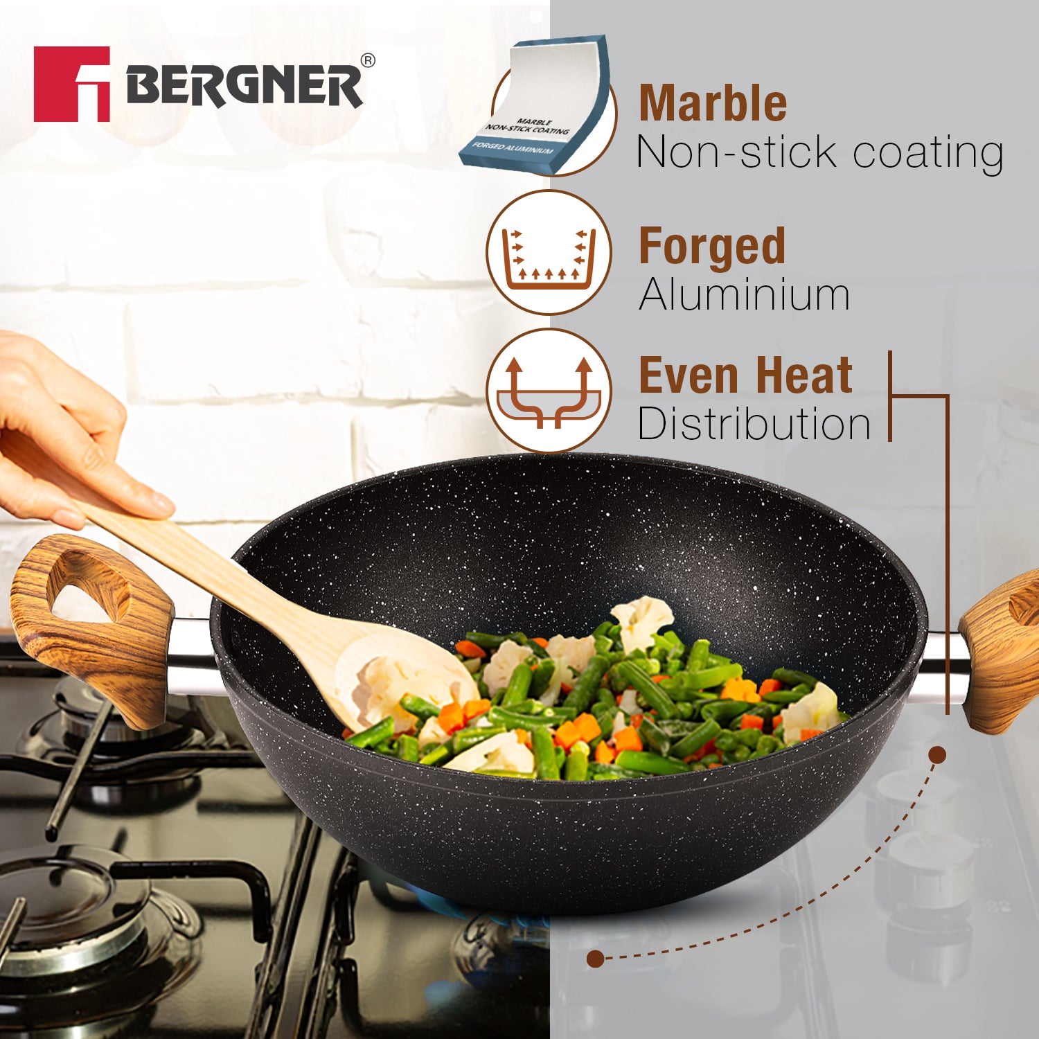 Ivory Black Granite Non-Stick 24cm (2.5L) Kadai with Glass Lid