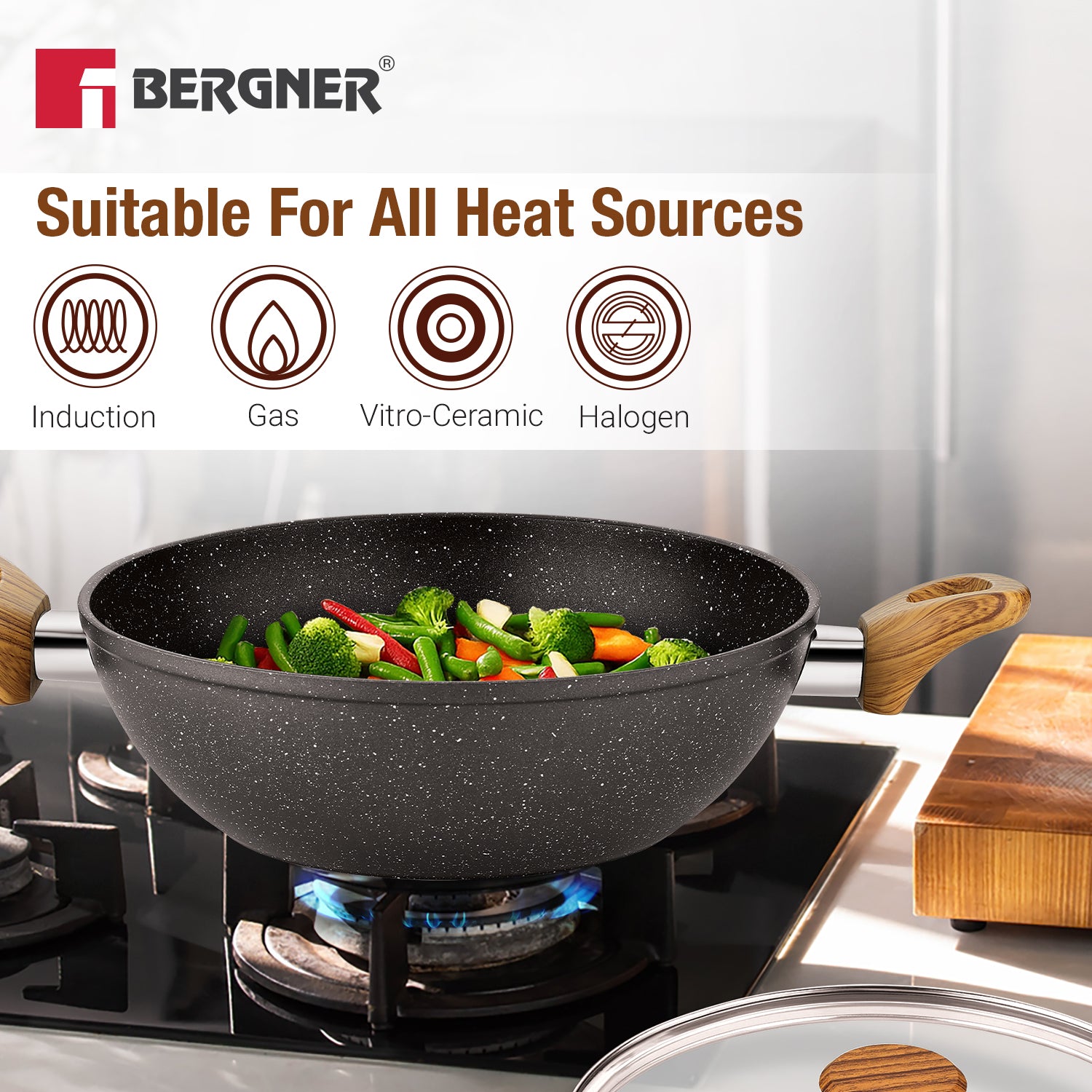 Ivory Black Granite Non-Stick 24cm (2.5L) Kadai with Glass Lid