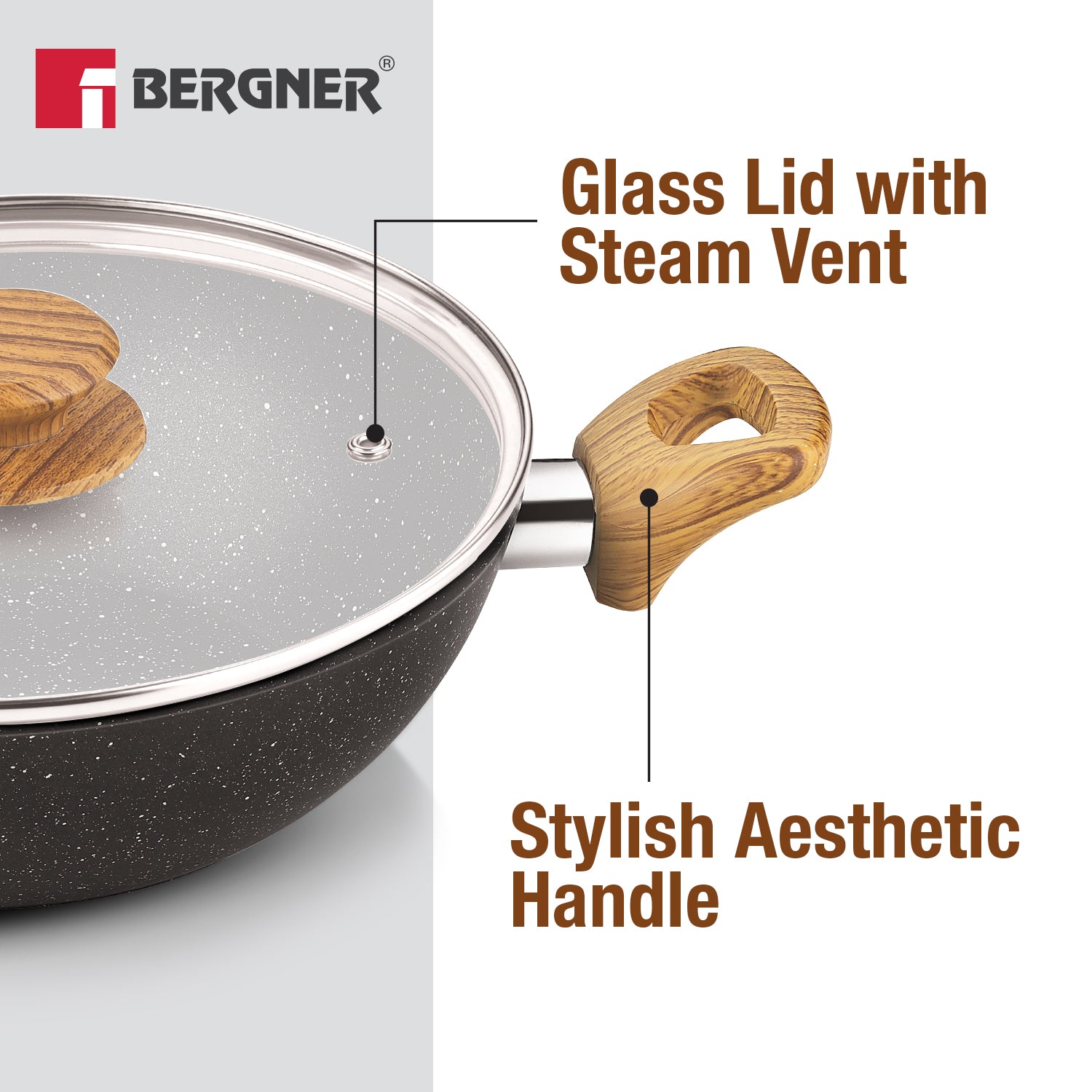 Ivory Black Granite Non-Stick 24cm (2.5L) Kadai with Glass Lid