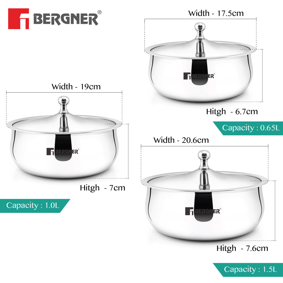 Bergner Vienna Stainless Steel Hot Pot 3 Pcs Junior Set of Double Walled Serving Casserole with PU Insulated Steel Lid