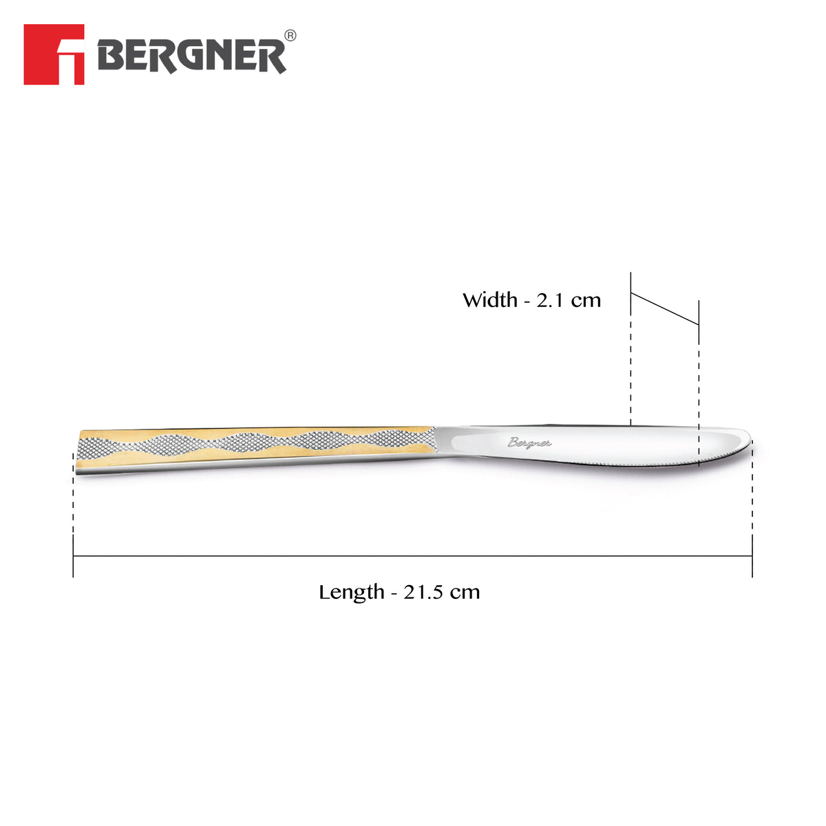 BE Essentials Tosca Stainless Steel Dinner Knife Set of 2, 21.5cm Long - Silver / Golden