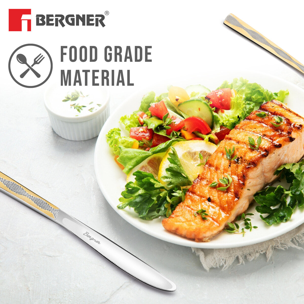 BE Essentials Tosca Stainless Steel Dinner Knife Set of 2, 21.5cm Long - Silver / Golden