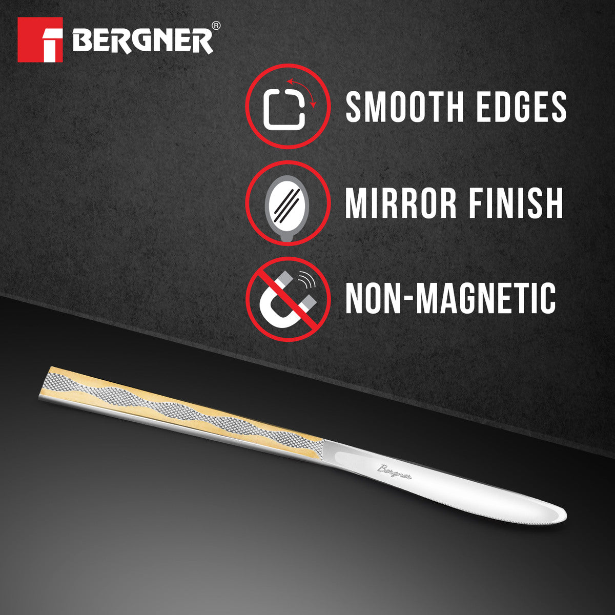 BE Essentials Tosca Stainless Steel Dinner Knife Set of 2, 21.5cm Long - Silver / Golden