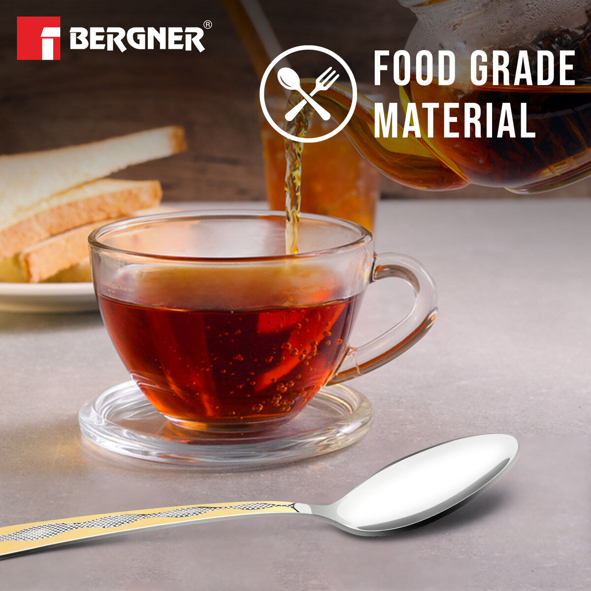 BE Essentials Tosca Stainless Steel 6 Pcs Tea Spoon Set, 14cm Long Spoon, 1.6mm Thickness - Silver / Golden