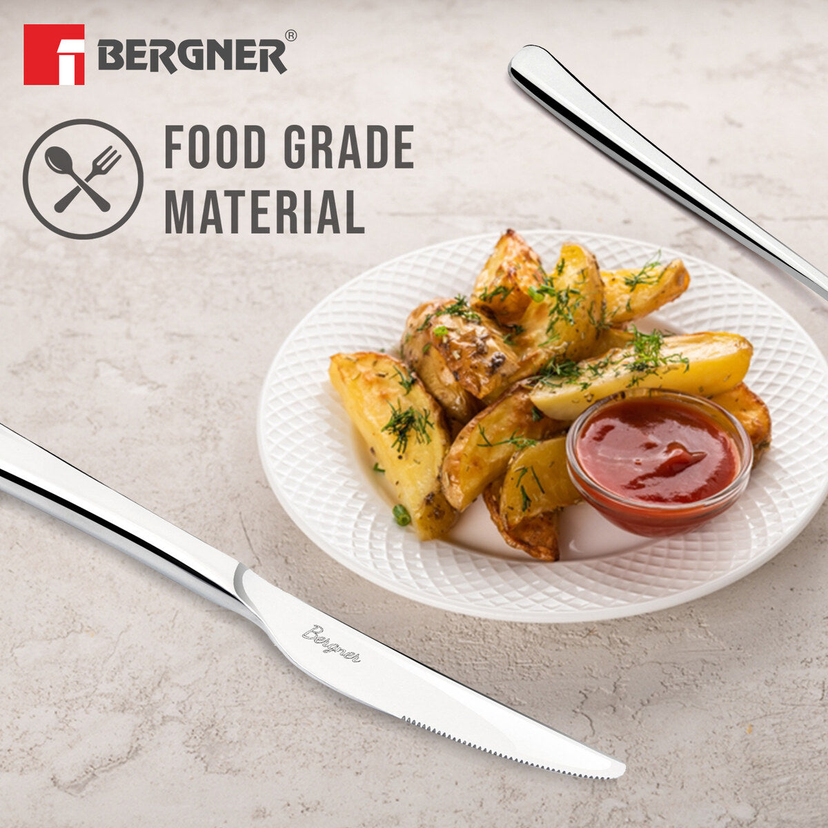 BE Essentials Lucia Stainless Steel Dinner Knife Set of 2, 20cm Long Butter Spreader, 4.5mm Thickness - Silver