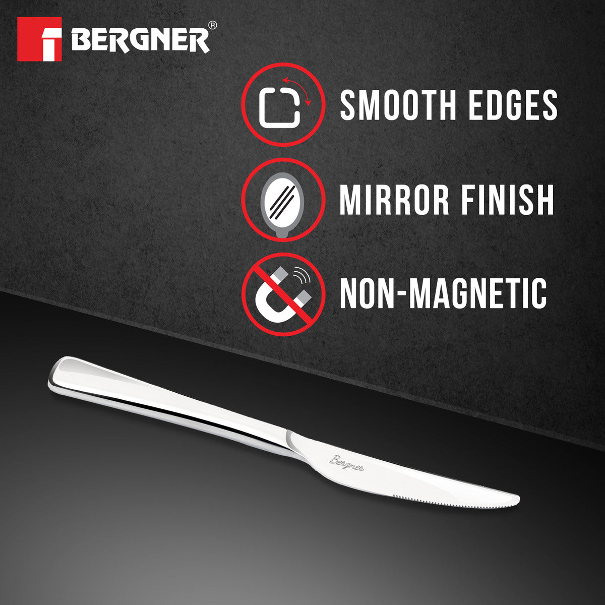 BE Essentials Lucia Stainless Steel Dinner Knife Set of 2, 20cm Long Butter Spreader, 4.5mm Thickness - Silver