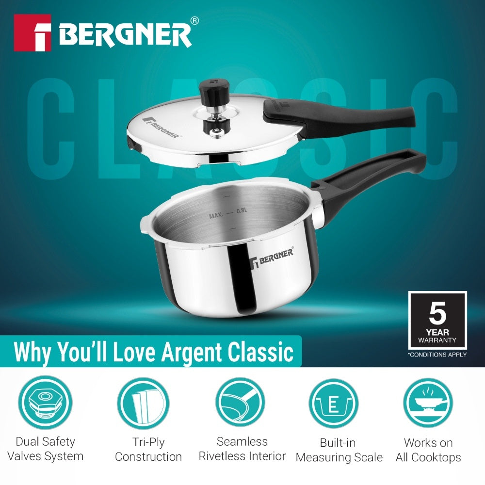 Argent Classic Triply 1 L Outer Lid Pressure Cooker - Induction Bottom