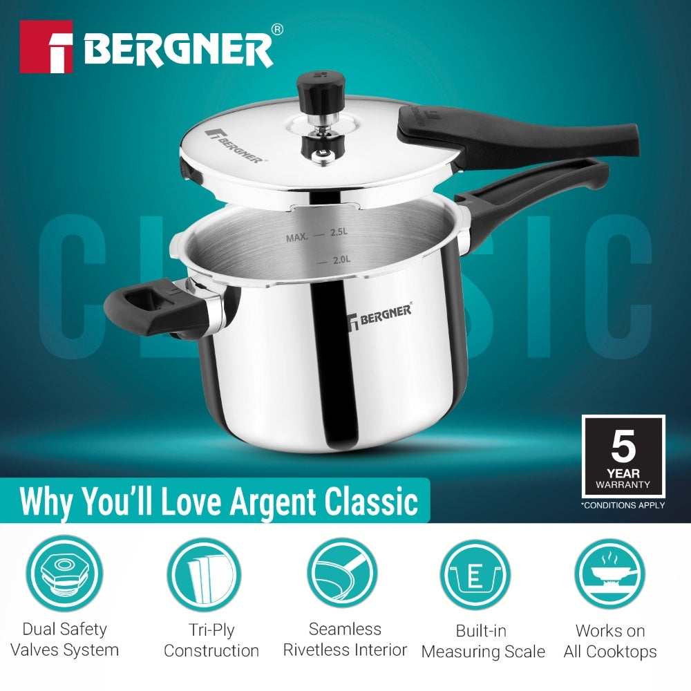 Argent Classic Triply 3.5 L Outer Lid Pressure Cooker - Induction Bottom