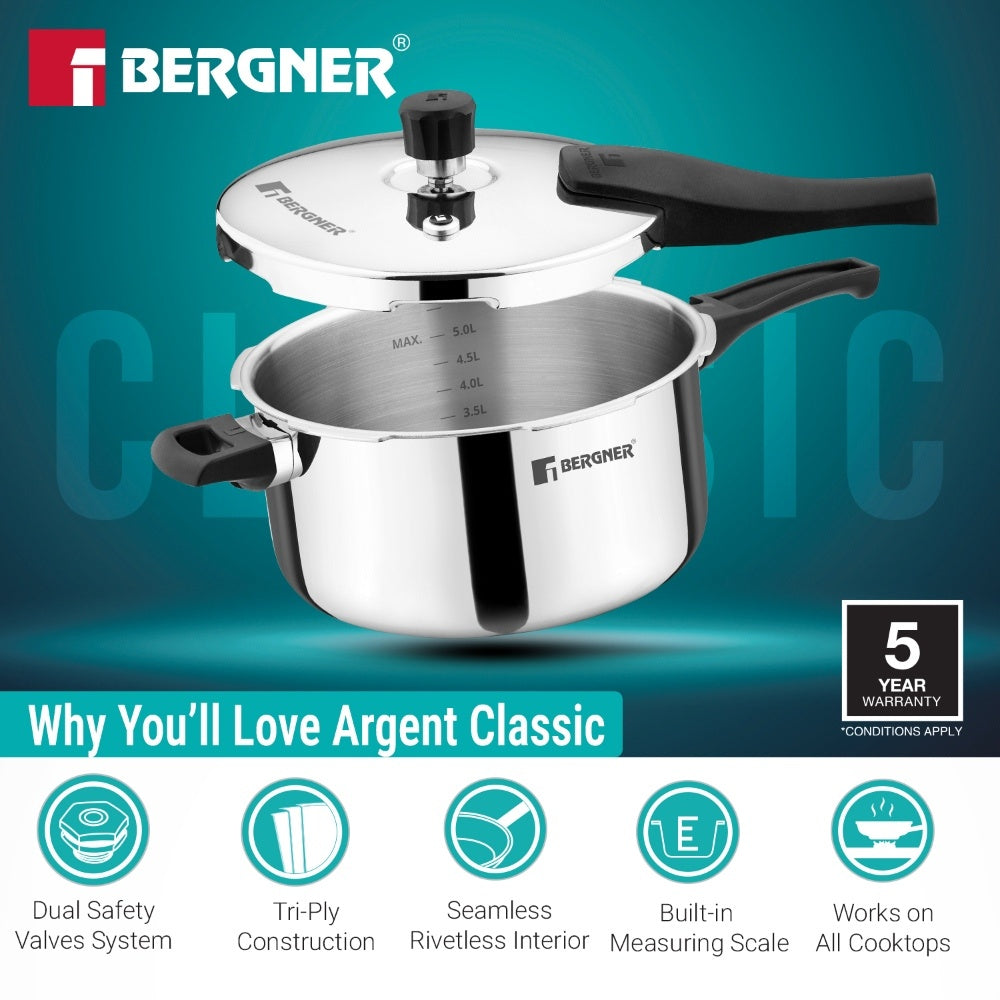 Argent Classic Triply Outer Lid Pressure Cooker 6.5L - Induction Bottom