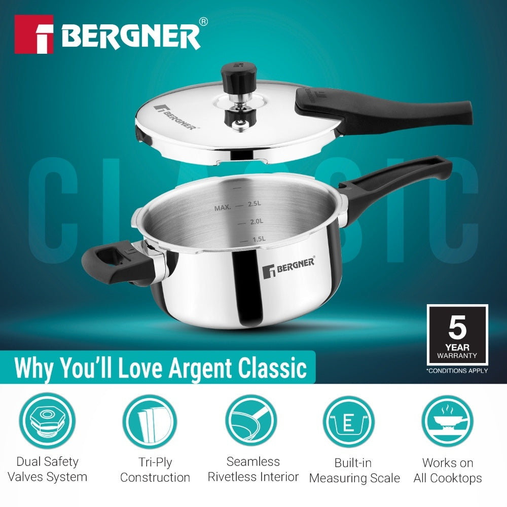Argent Classic Triply 3.5 L Outer Lid Pressure Pan - Induction Bottom