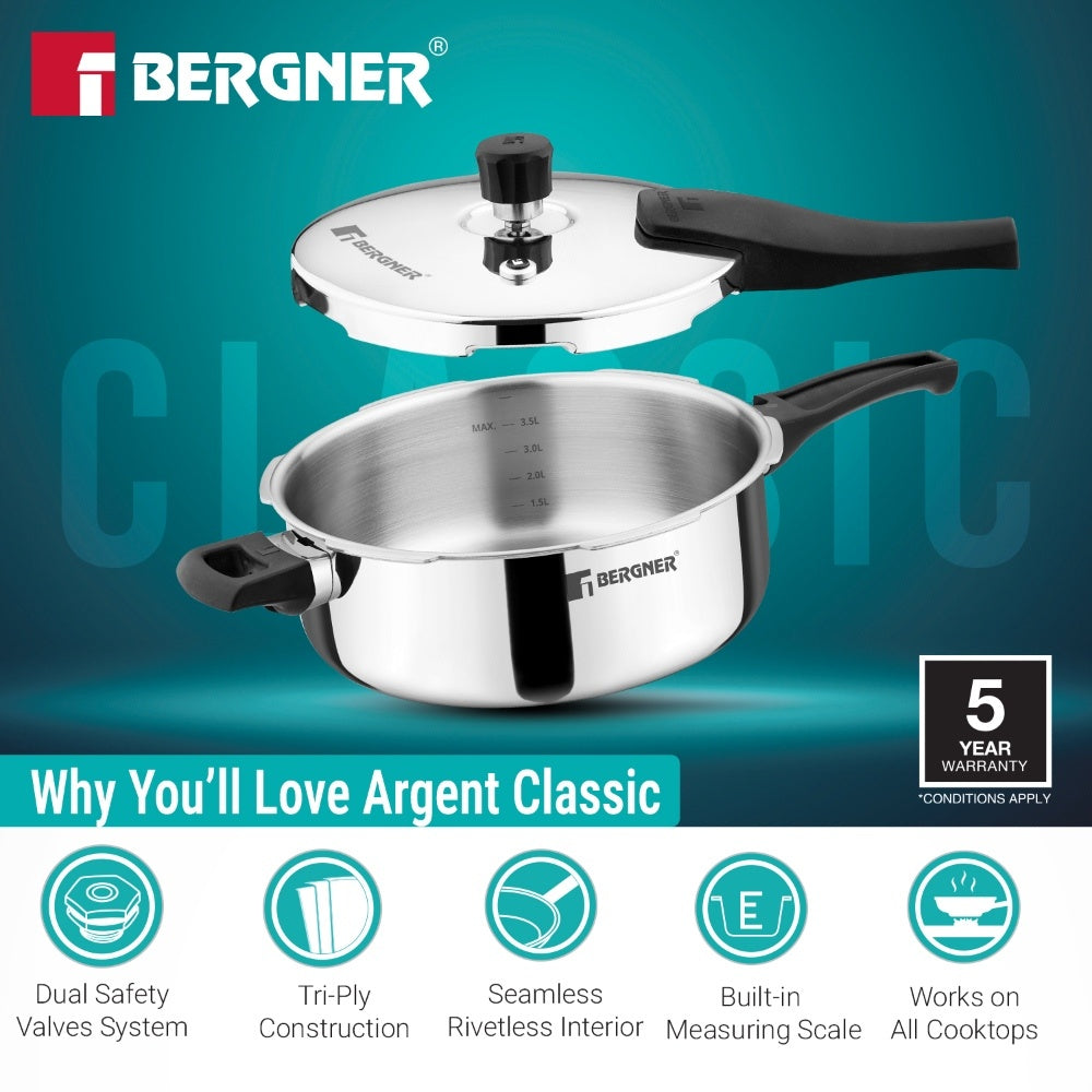 Argent Classic Triply 5 L Outer Lid Pressure Pan - Induction Bottom