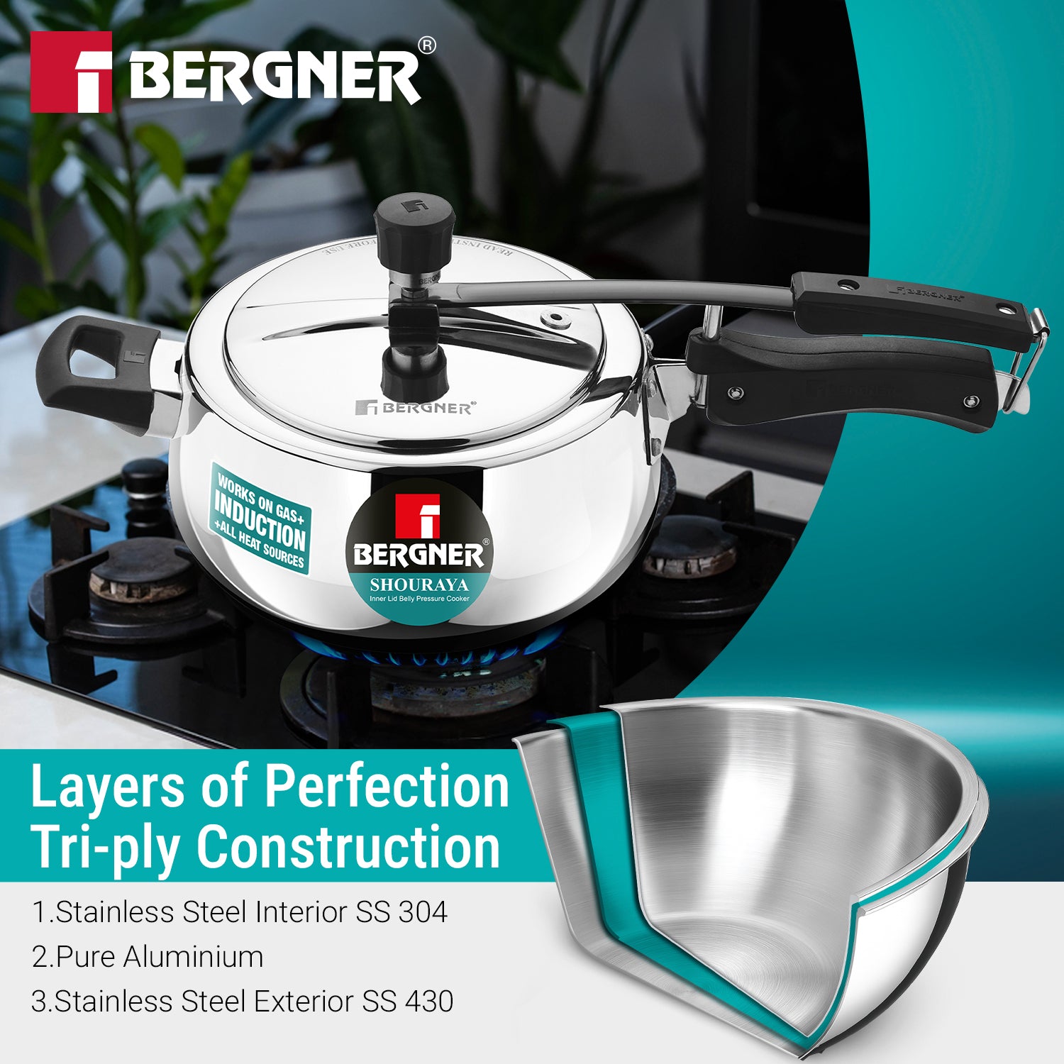 Shouraya TriPly Stainless Steel Inner Lid Belly Pressure Cooker 3.5 L