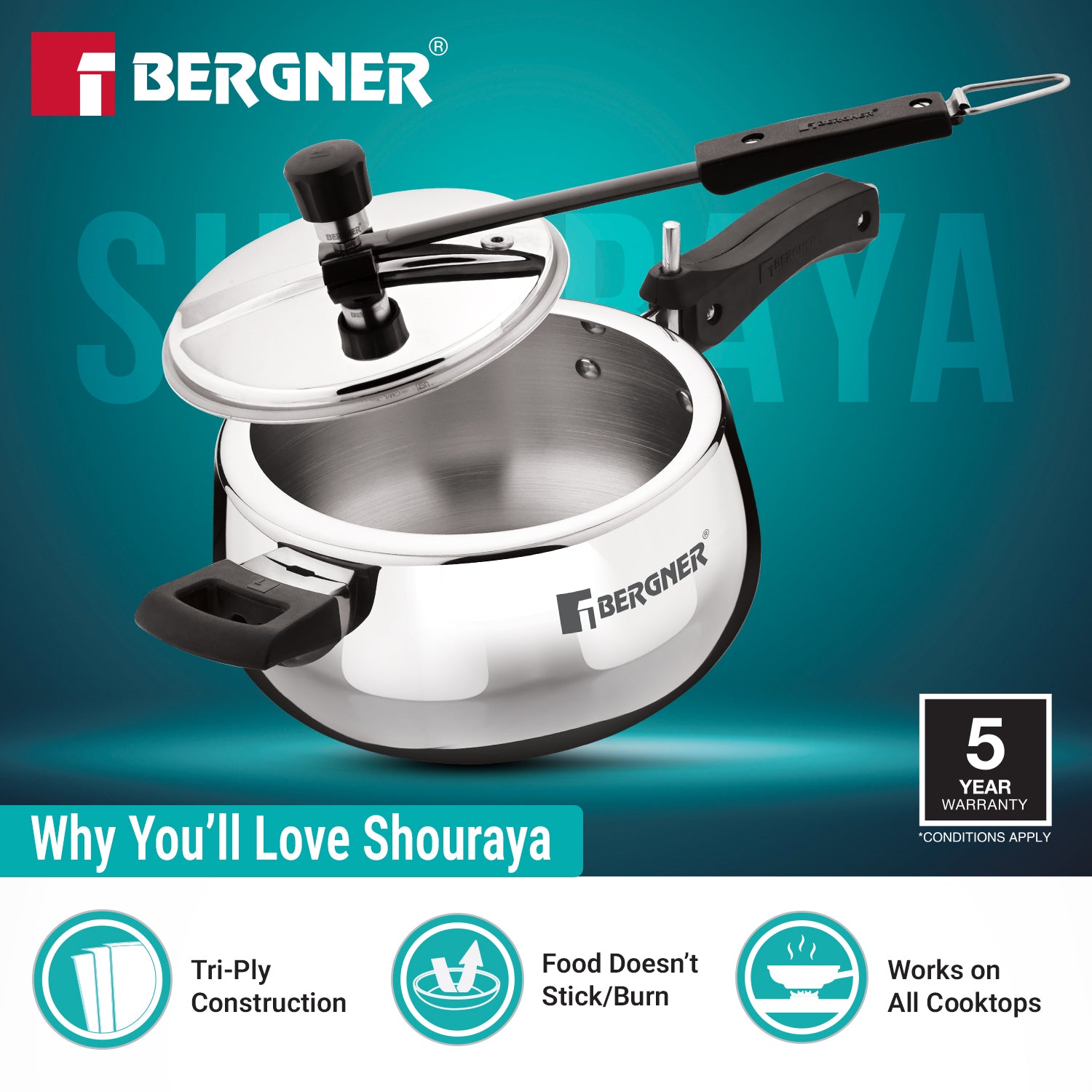 Shouraya TriPly Stainless Steel Inner Lid Belly Pressure Cooker 3.5 L