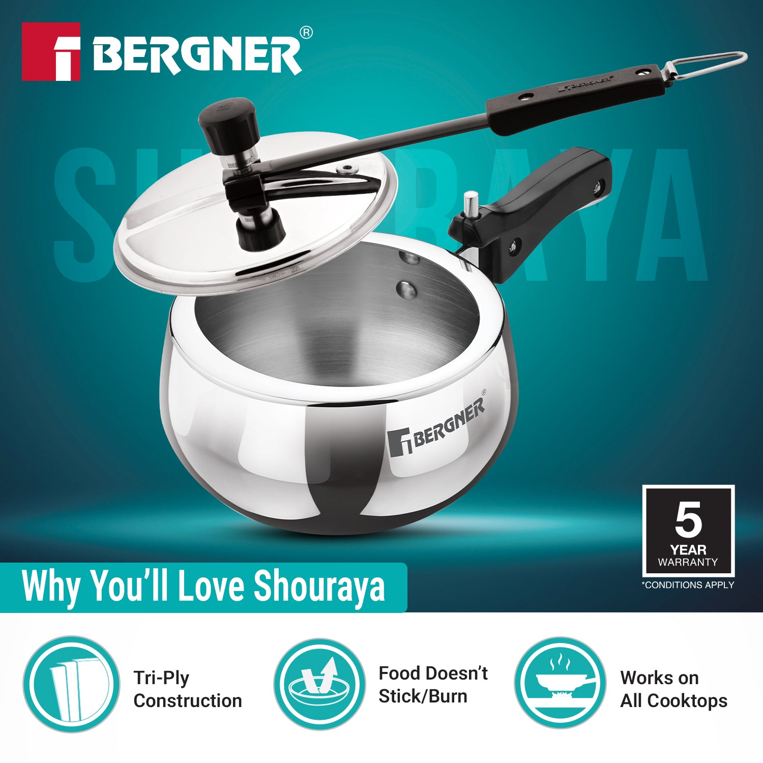 Shouraya TriPly Stainless Steel Inner Lid Belly Pressure Cooker 1.5 L