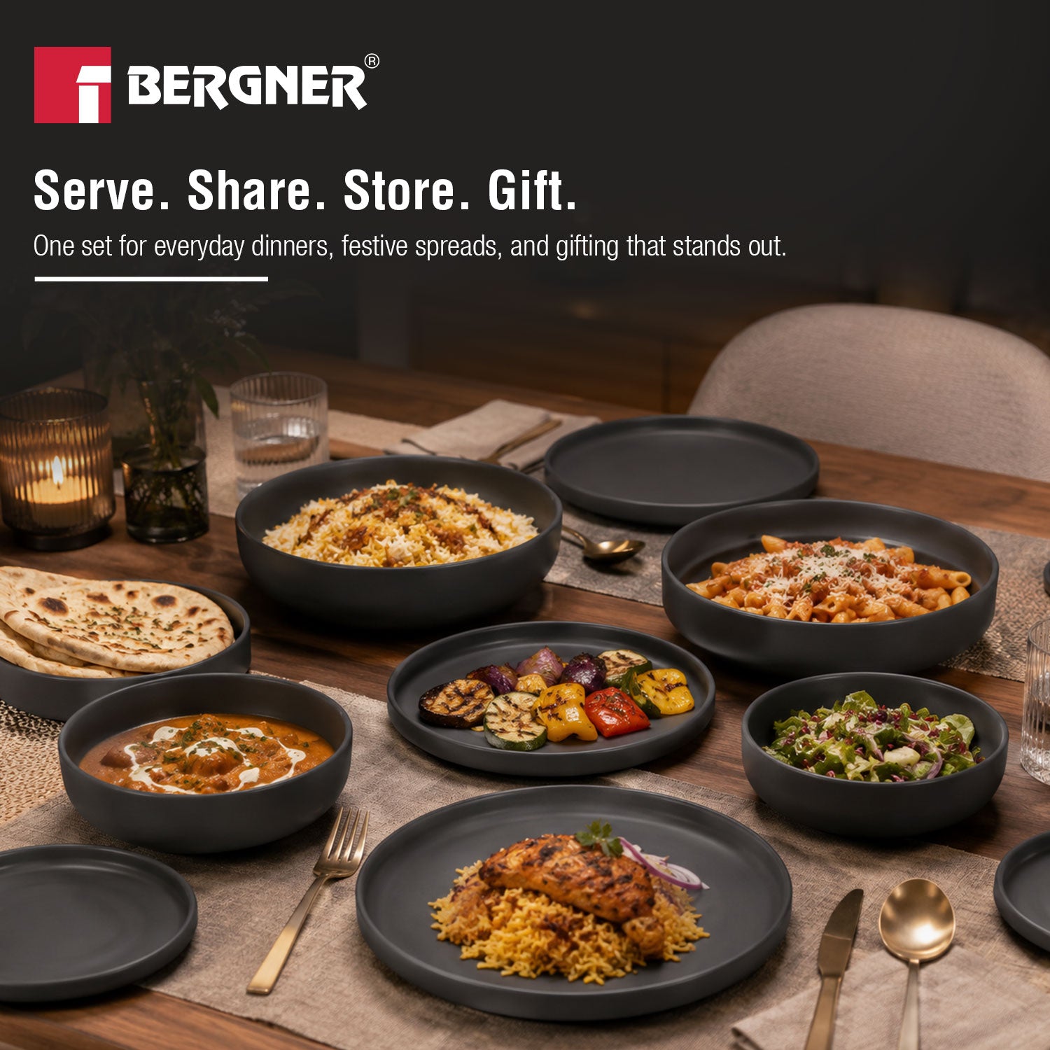 MasterPRO by Bergner Share Play Stoneware 9 Pcs Dinnerware Set - Matte Black