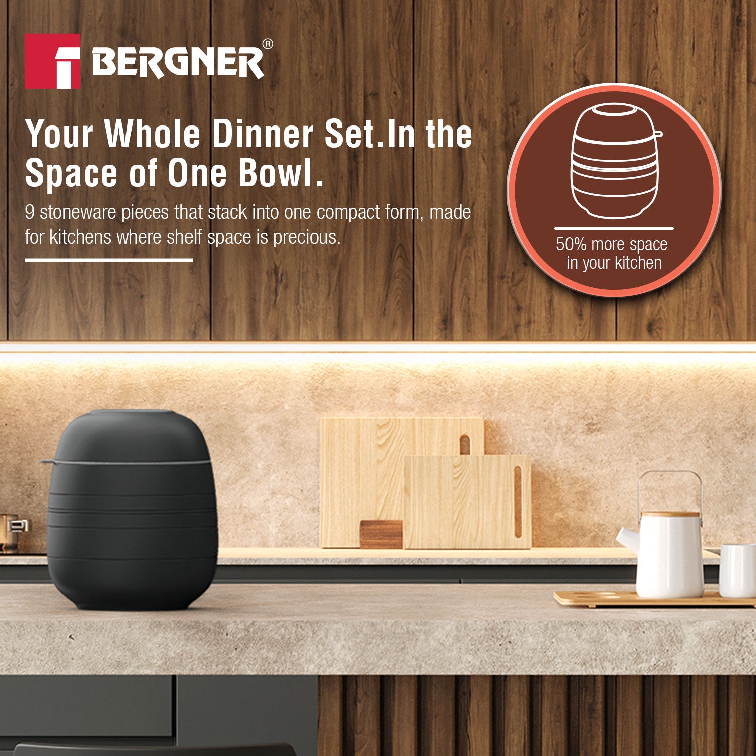 MasterPRO by Bergner Share Play Stoneware 9 Pcs Dinnerware Set - Matte Black
