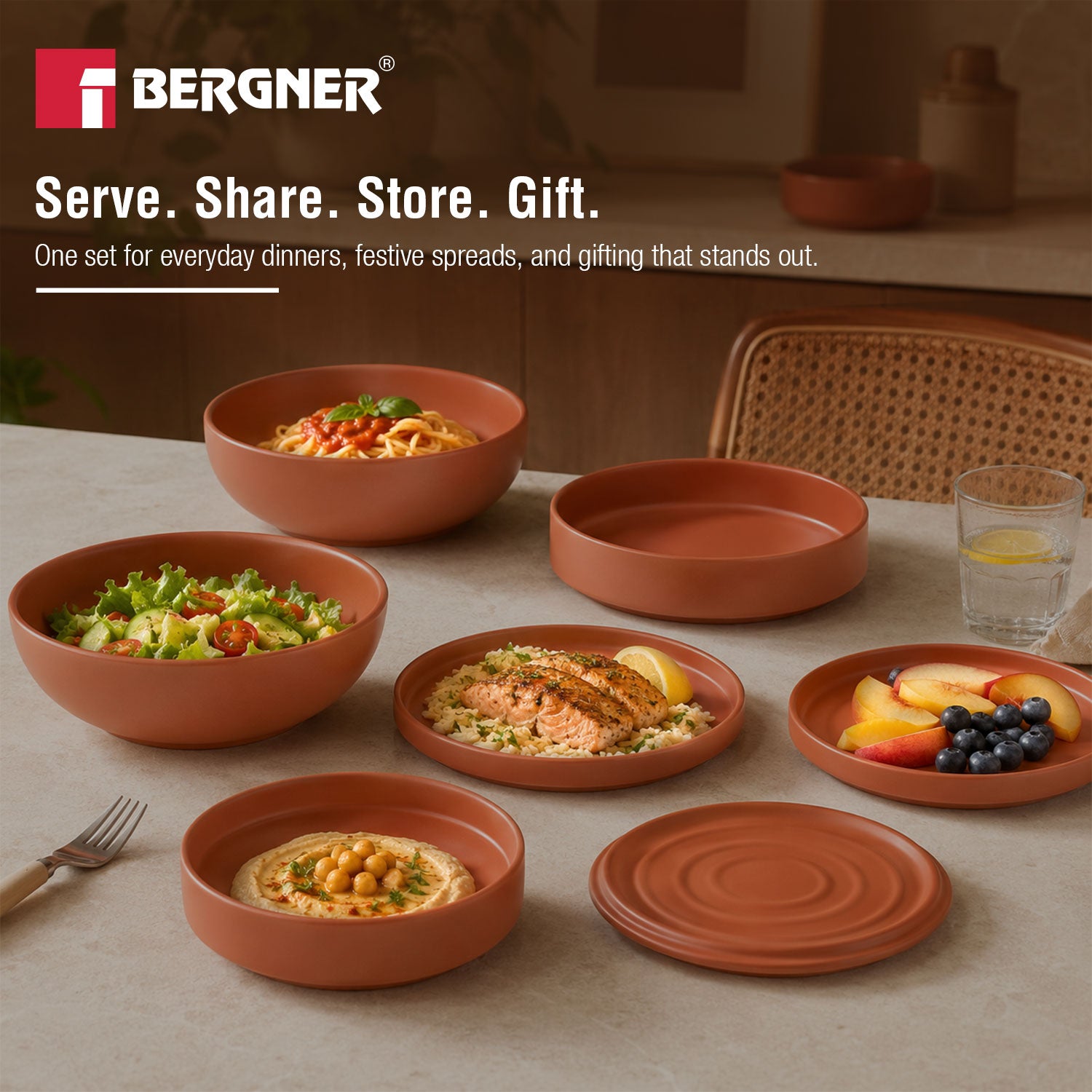 MasterPRO by Bergner Share Play Stoneware 9 Pcs Dinnerware Set - Clay Orange
