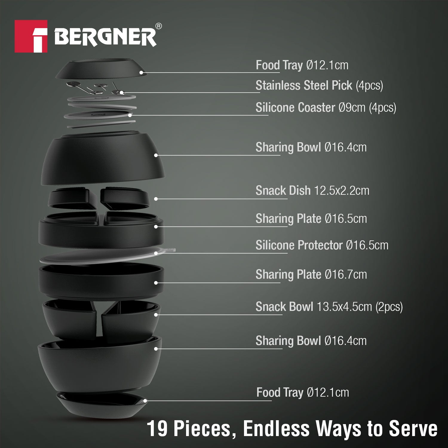 MasterPRO by Bergner Share Play Stoneware 19 Pcs Snackware Set - Matte Black