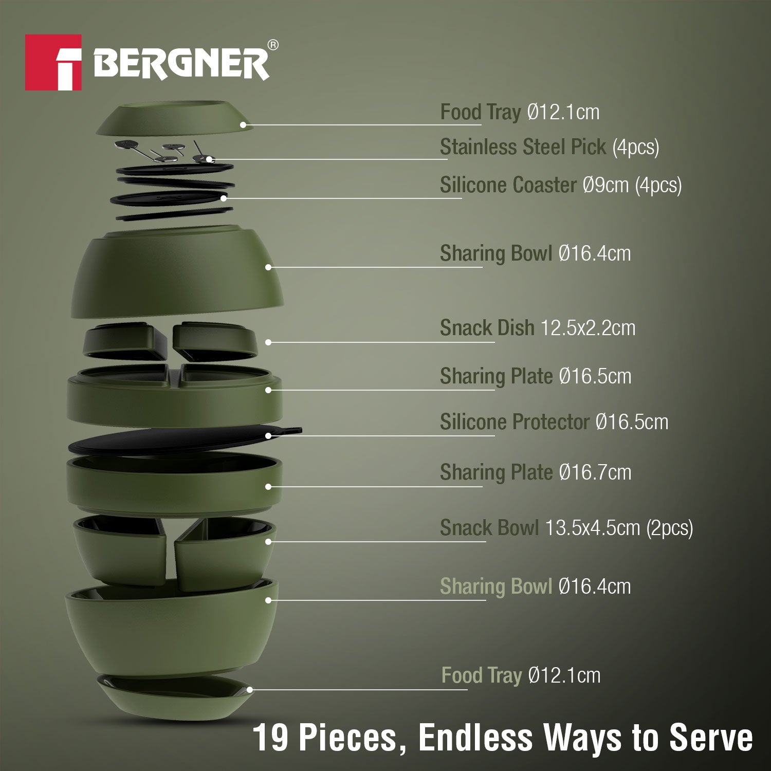 MasterPRO by Bergner Share Play Stoneware 19 Pcs Snackware Set - Sage Green