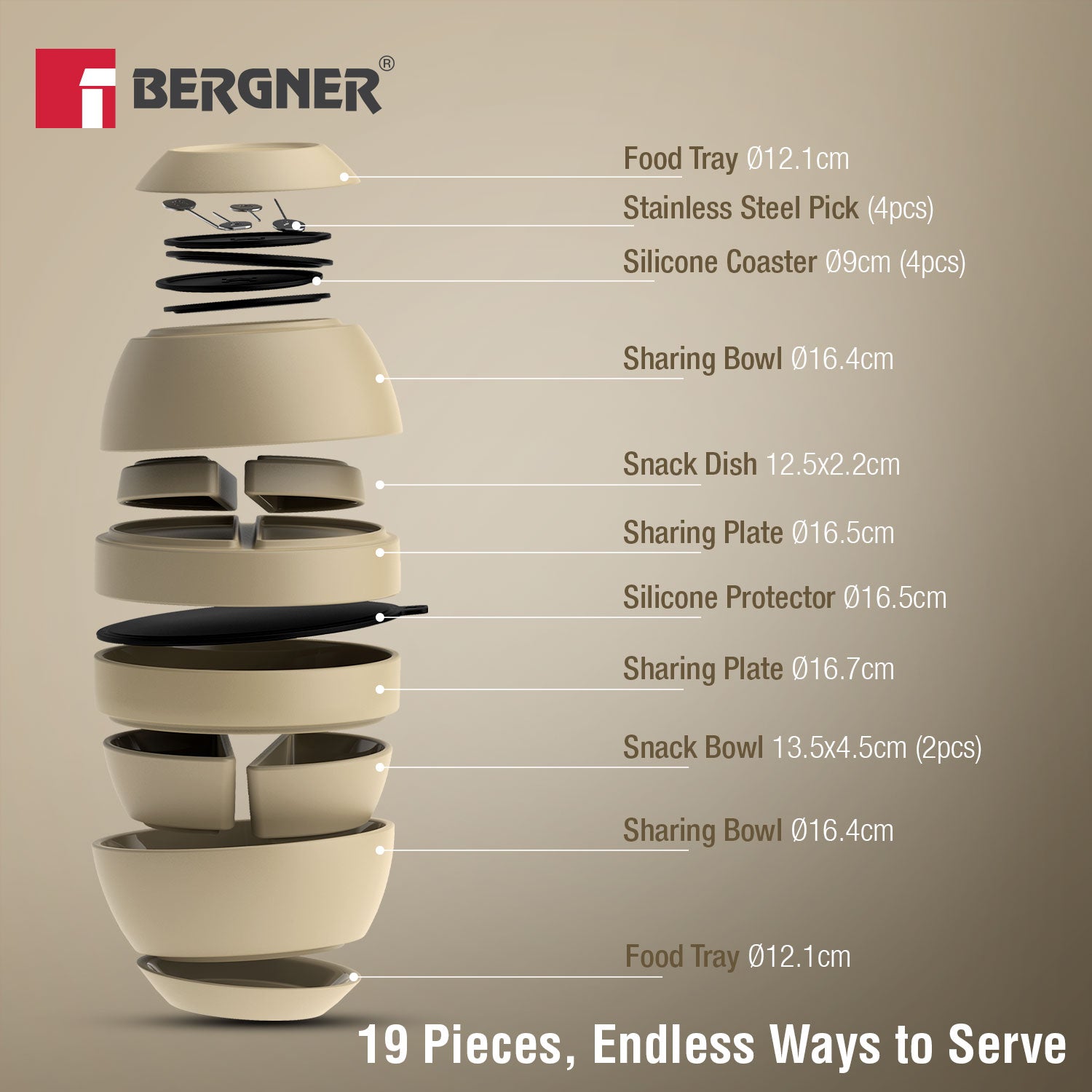MasterPRO by Bergner Share Play Stoneware 19 Pcs Snackware Set - Warm Beige