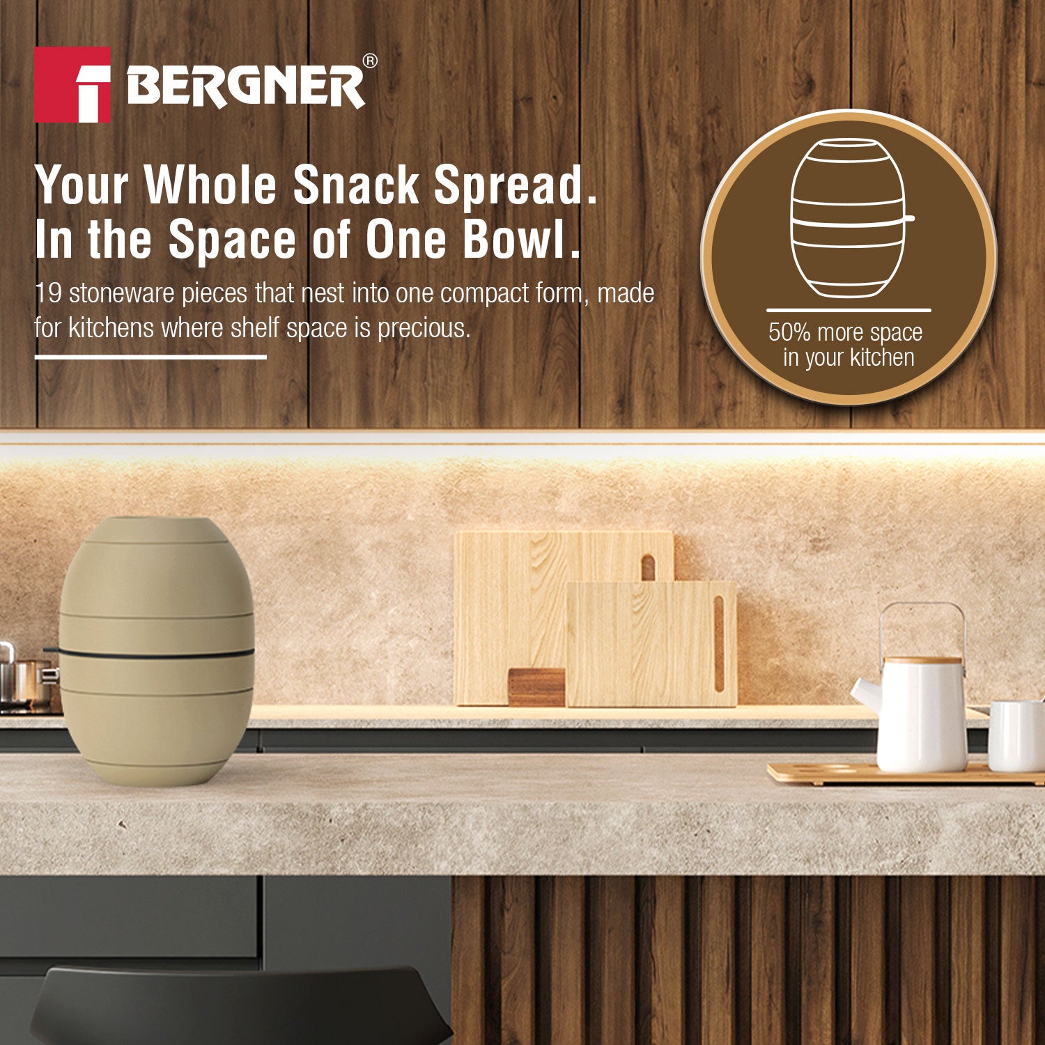 MasterPRO by Bergner Share Play Stoneware 19 Pcs Snackware Set - Warm Beige