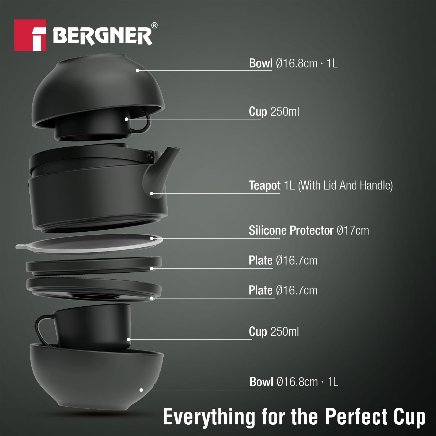 MasterPRO by Bergner Share Play Stoneware 8 Pcs Teaware Set - Matte Black