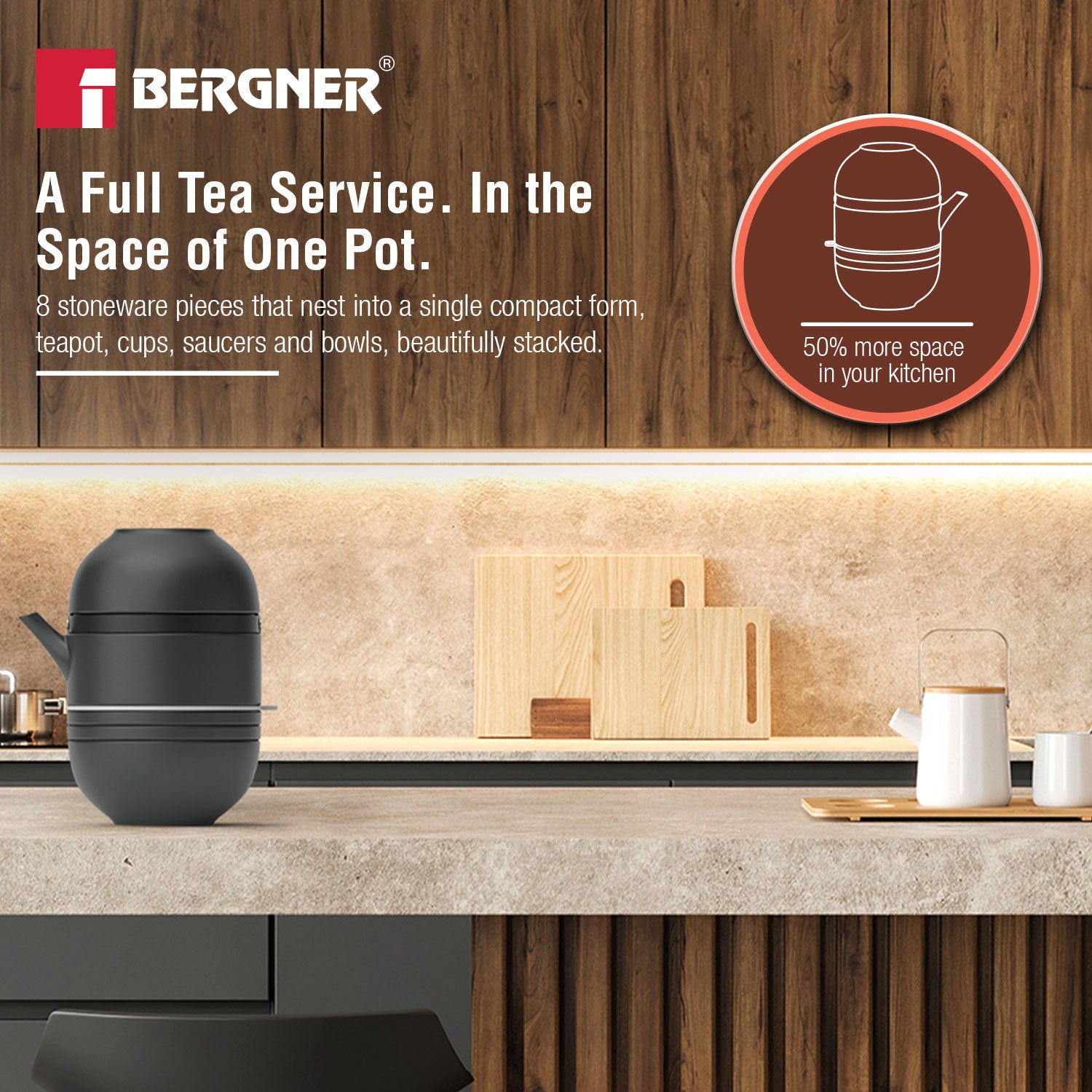 MasterPRO by Bergner Share Play Stoneware 8 Pcs Teaware Set - Matte Black