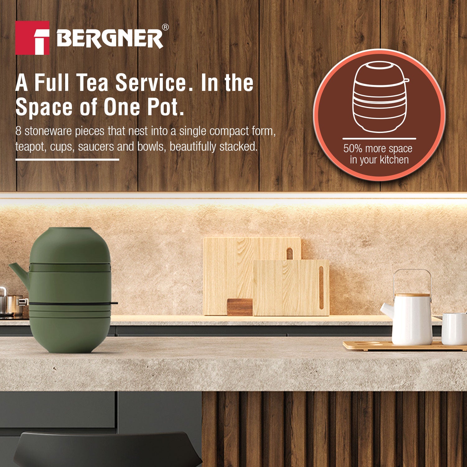 MasterPRO by Bergner Share Play Stoneware 8 Pcs Teaware Set - Sage Green